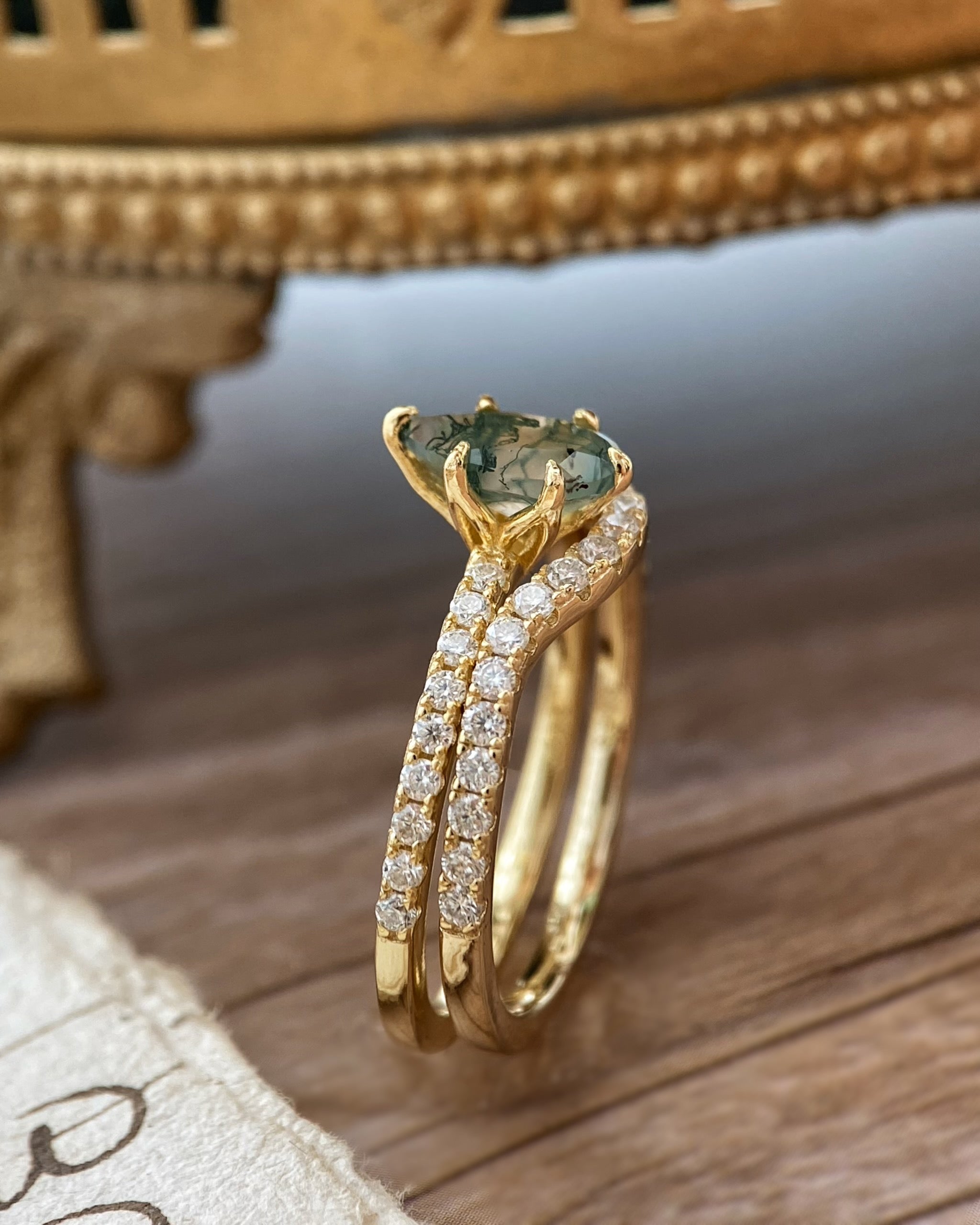 Sylvan Covenant | Unique Handmade Natural Moss Agate Engagement Ring Set 2pcs 0.7ct Pear Shape