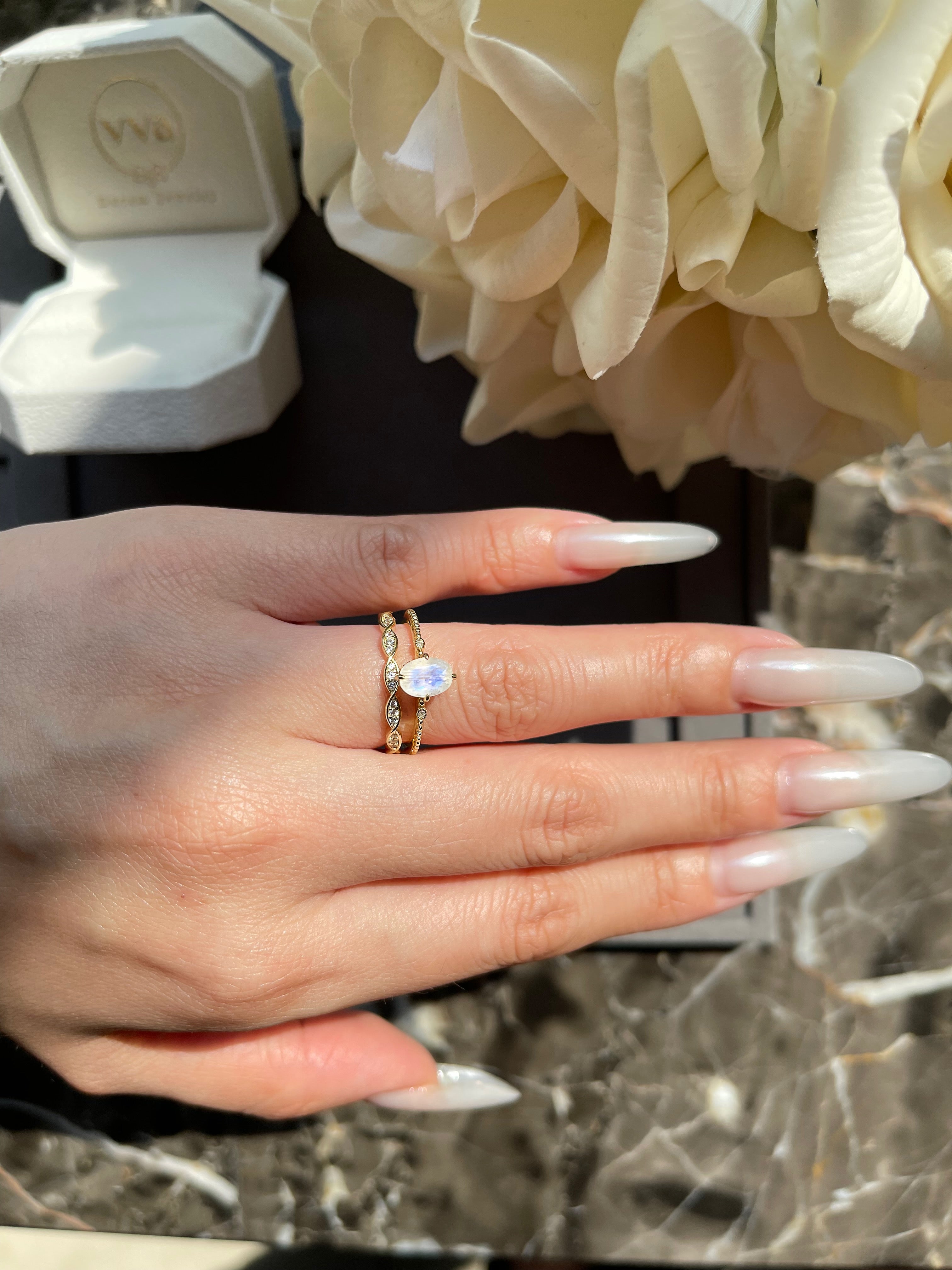 【Luna Twist Set】Unique Handmade Natural Blue Moonstone Engagement Ring Set 2pcs 0.75ct Oval Cut