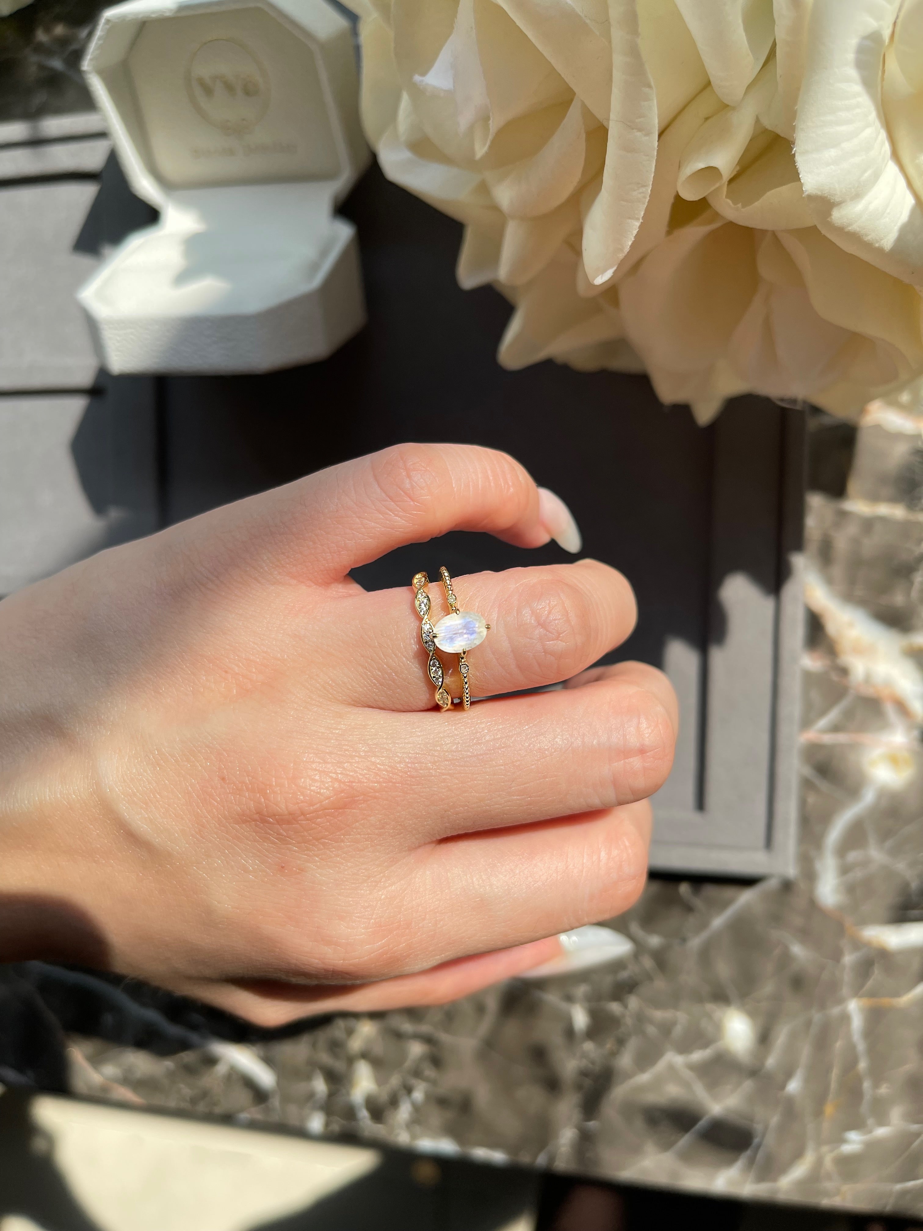 【Luna Twist】Unique Handmade Natural Blue Moonstone Engagement Ring 0.75ct Oval Cut