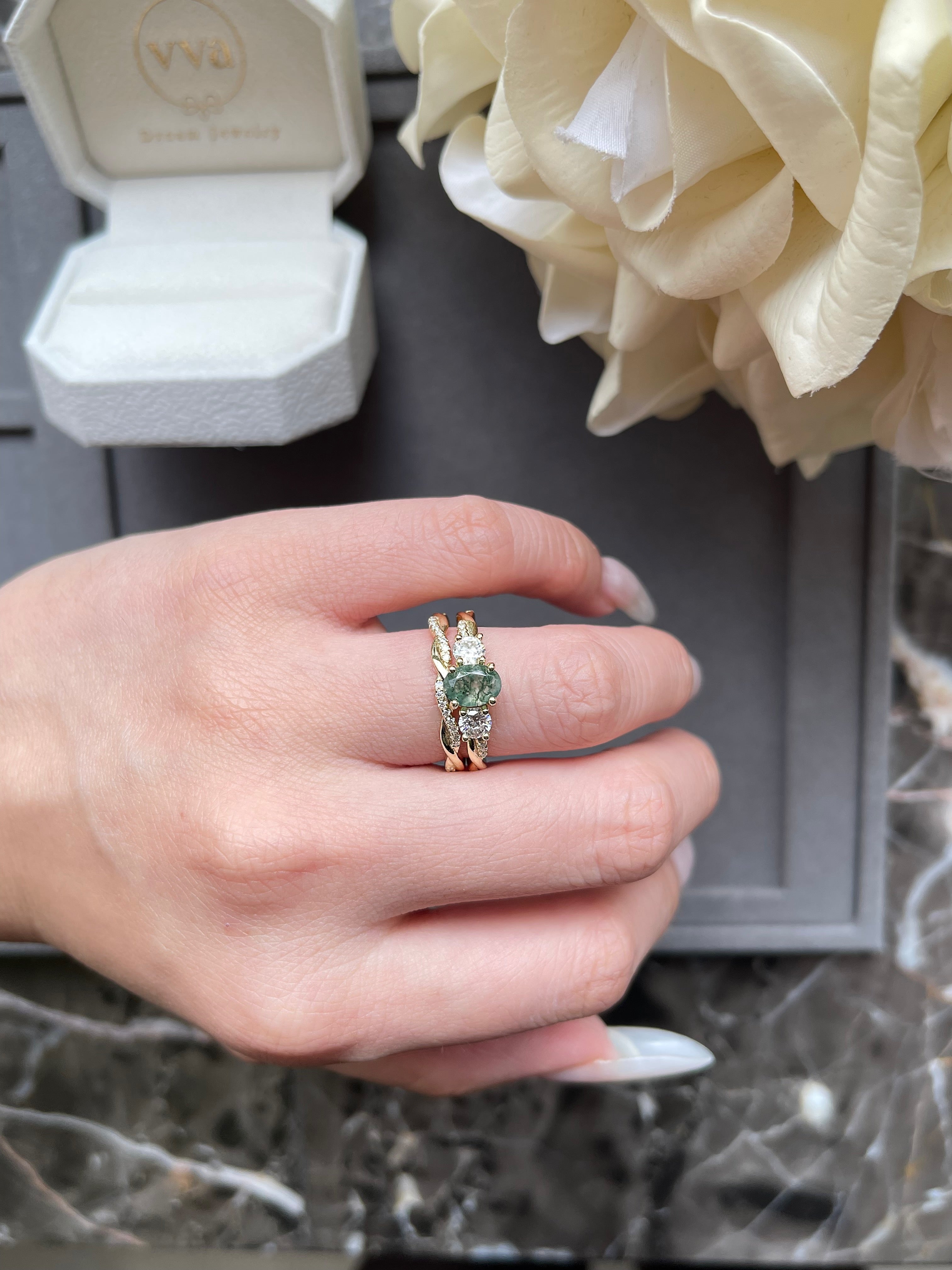 【Veritas】Ensemble de 2 bagues de fiançailles uniques, faites à la main, en agate mousse naturelle de 0,75 ct, forme ovale