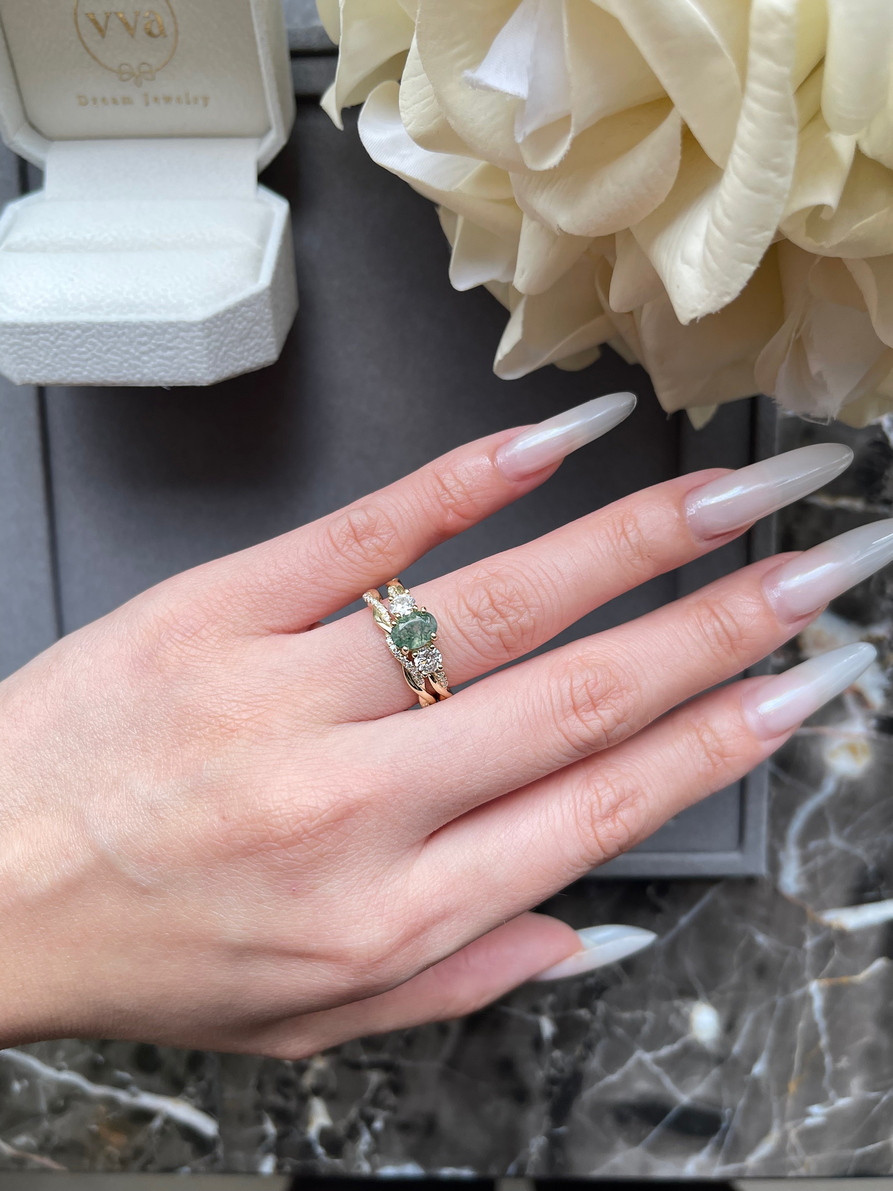 【Veritas】Ensemble de 2 bagues de fiançailles uniques, faites à la main, en agate mousse naturelle de 0,75 ct, forme ovale