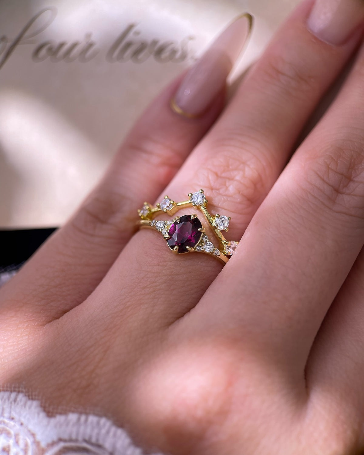 【Regalia Set】Handmade Natural Rhodolite Garnet Engagement Ring Set 2pcs 0.75ct Oval Cut
