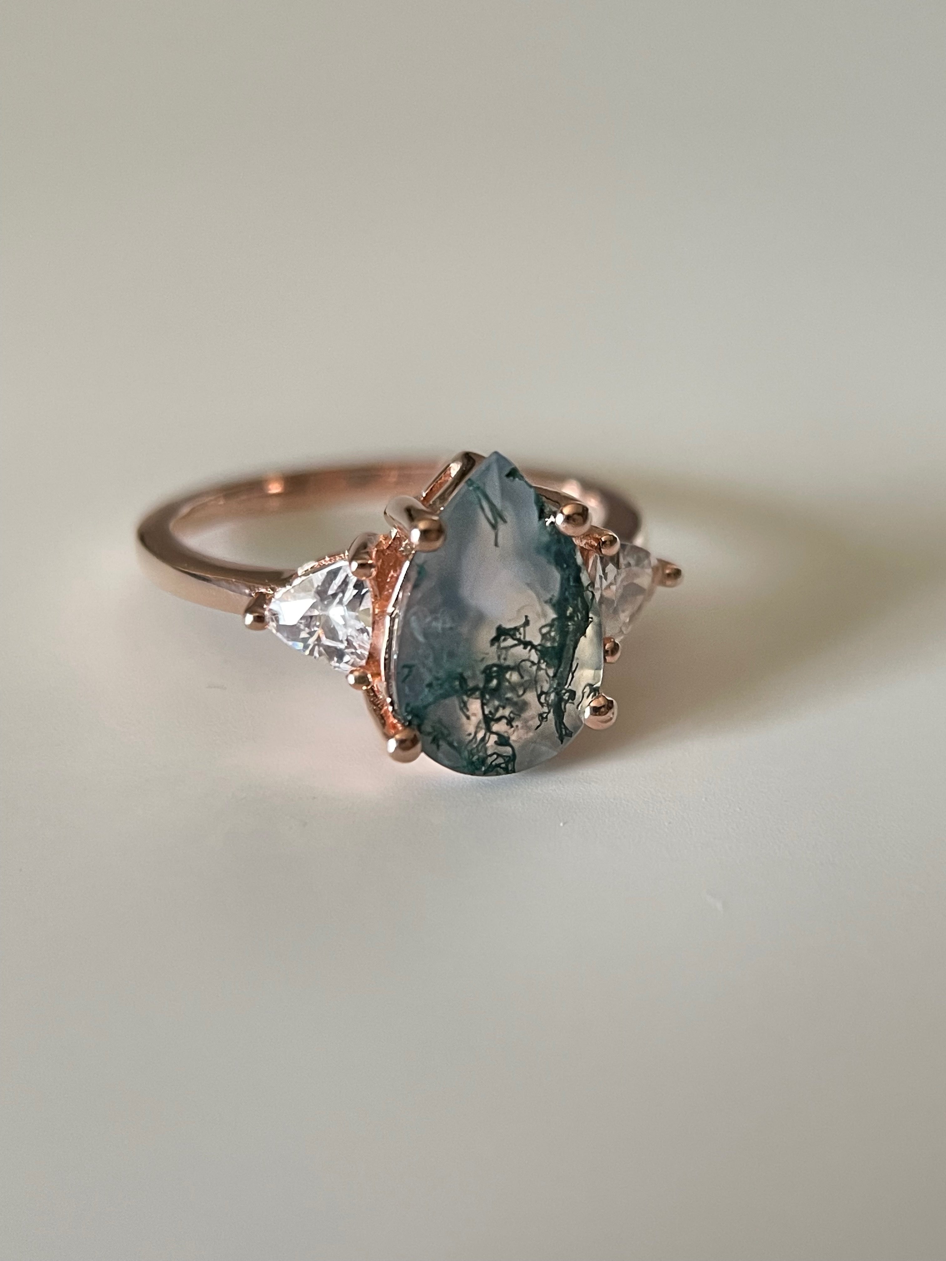 【HAZEL SET】Unique Handmade Natural Moss Agate Engagement Ring Set 2pcs 3ct Pear Shape