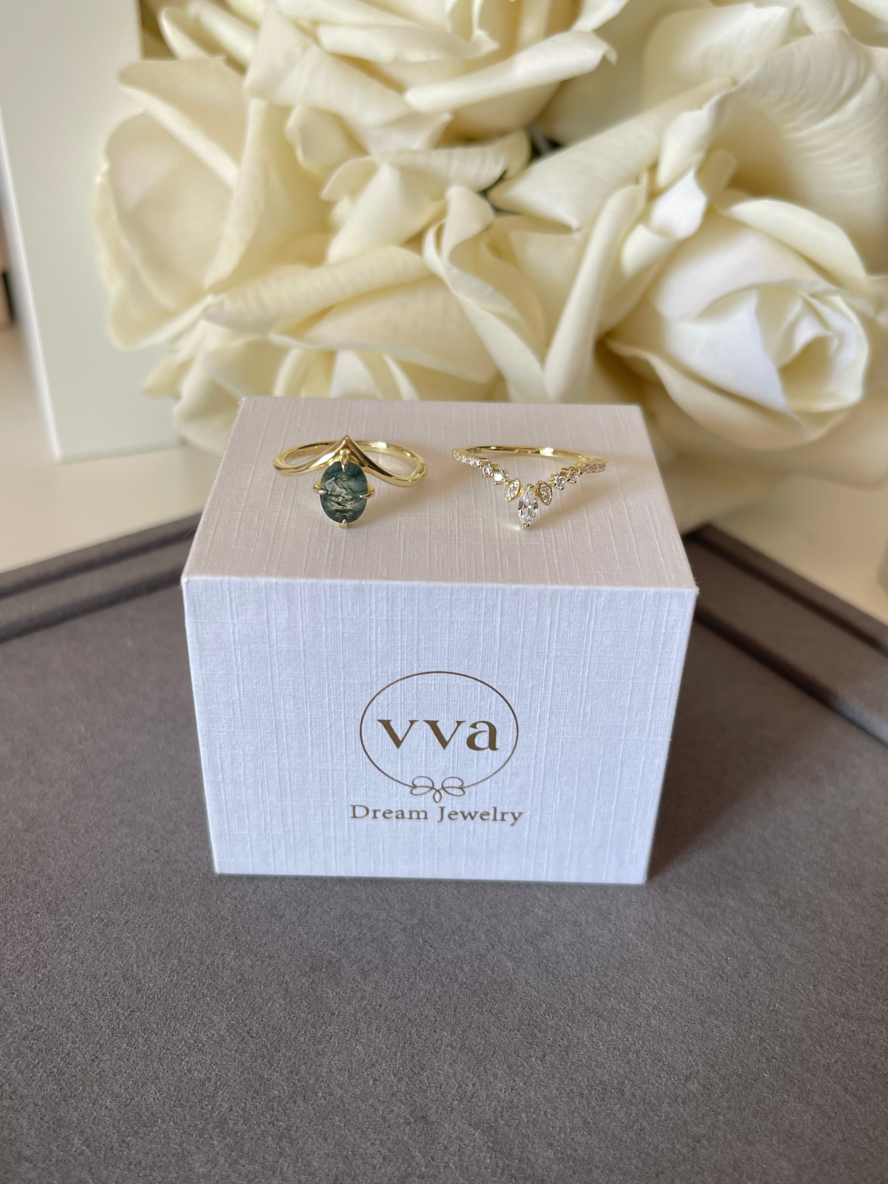 【JADE SET】Unique Handmade Natural Moss Agate Engagement Ring Set 2pcs Oval Shape 1.5ct