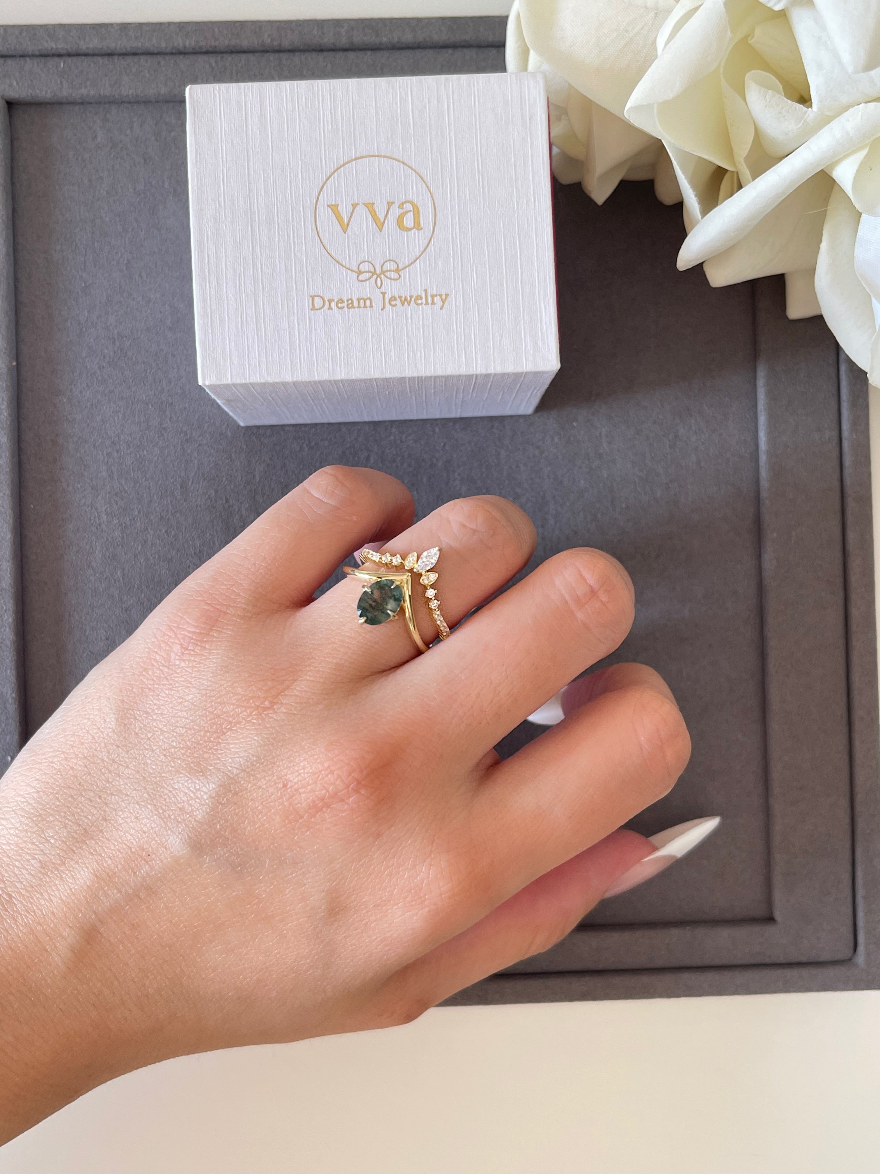 【ENSEMBLE DE JADE】Ensemble unique de bagues de fiançailles en agate mousse naturelle faite à la main, 2 pièces, forme ovale, 1,5 carat