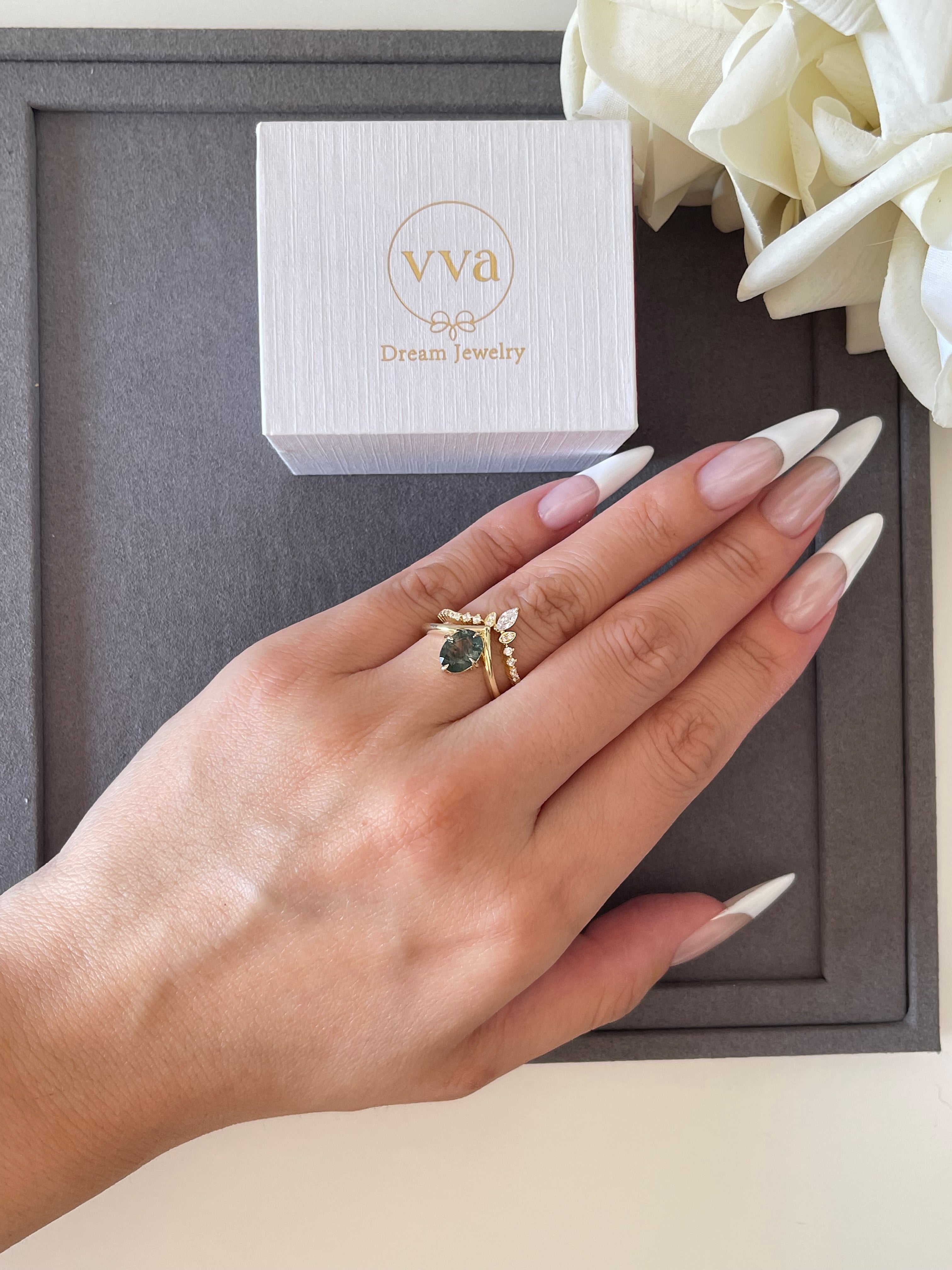 【ENSEMBLE DE JADE】Ensemble unique de bagues de fiançailles en agate mousse naturelle faite à la main, 2 pièces, forme ovale, 1,5 carat