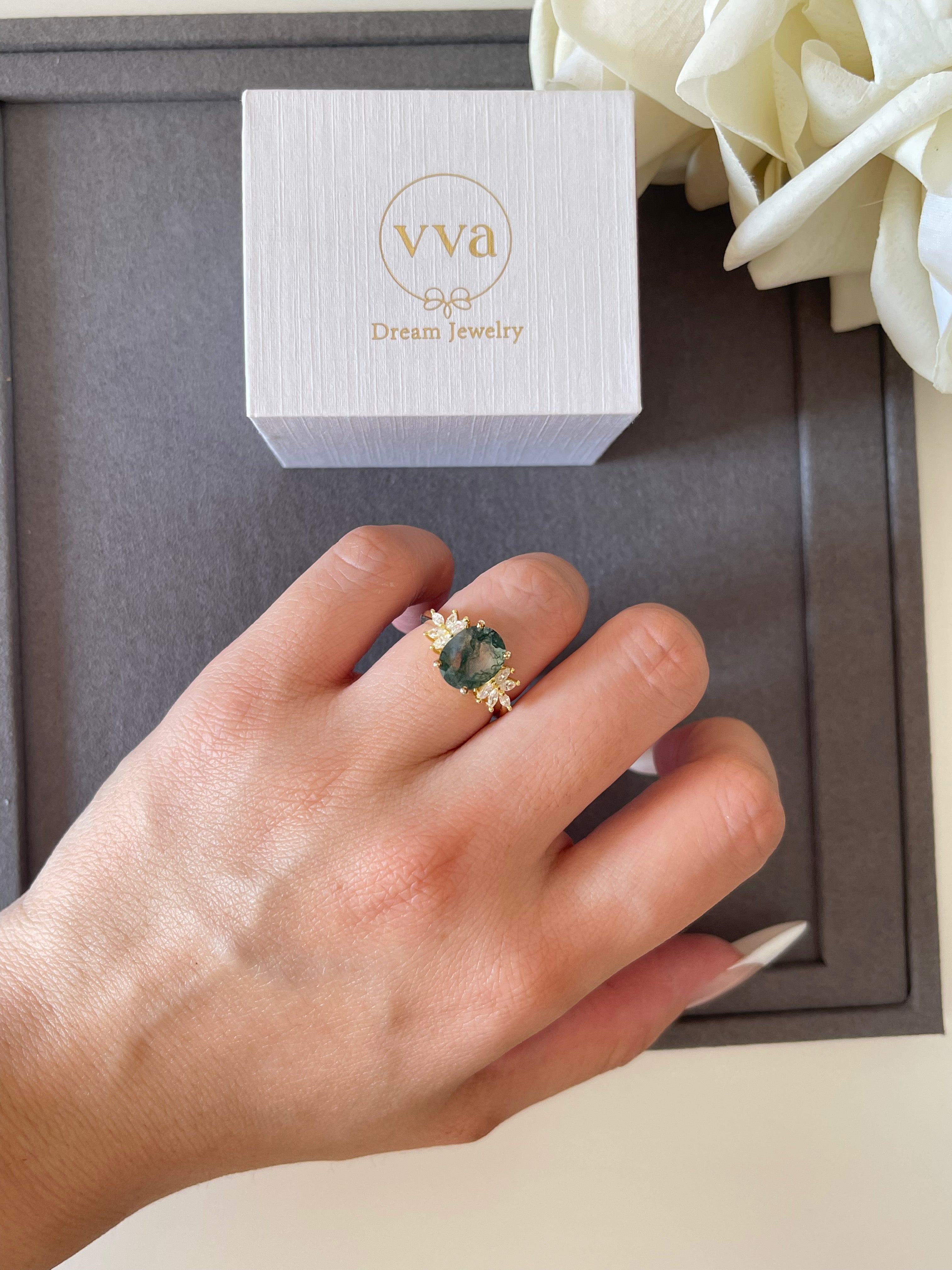 【SIERR】Unique Handmade Natural Moss Agate Engagement Ring Oval Shape 3c