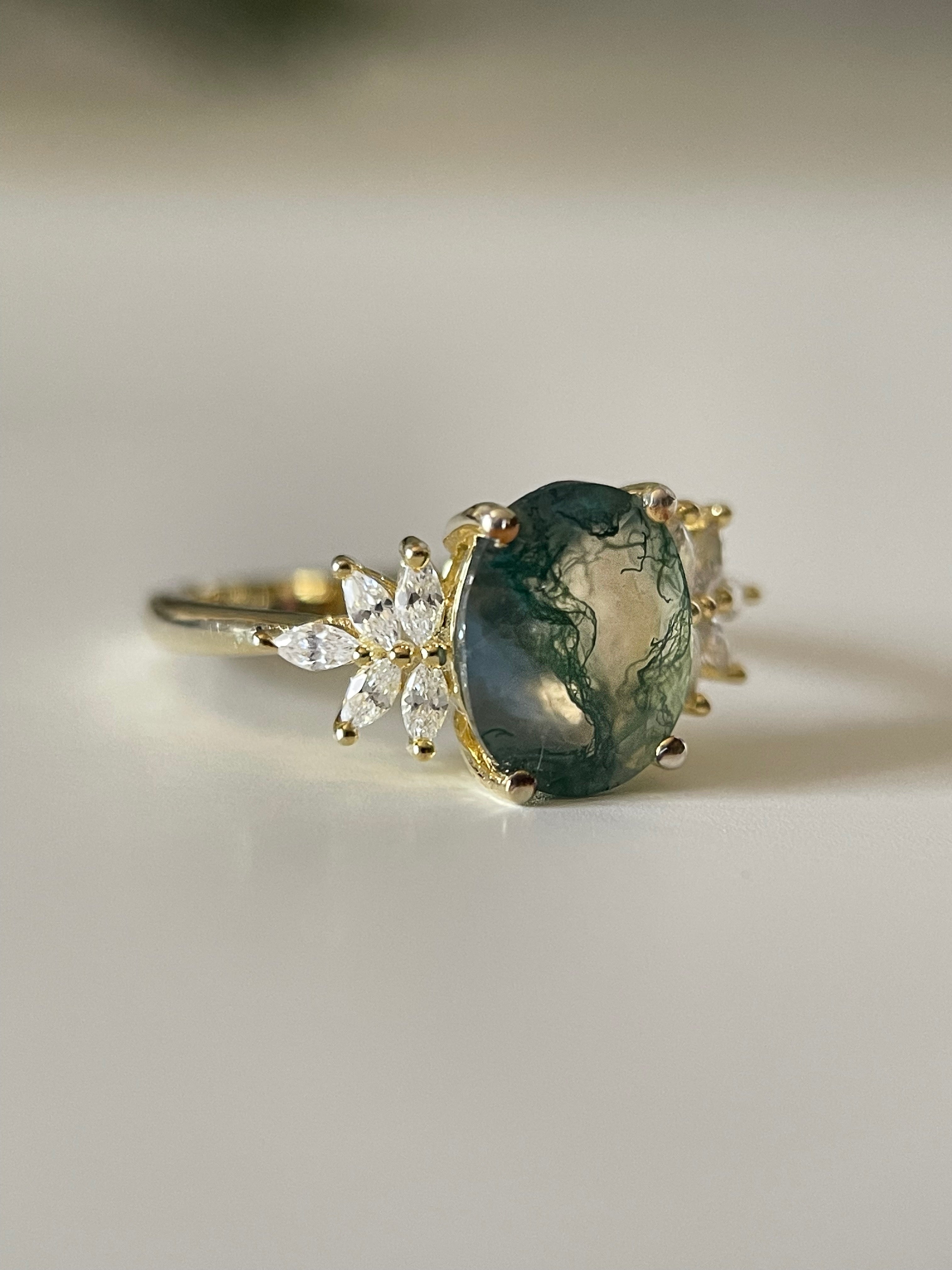 【ENSEMBLE SIERRA】Ensemble de 2 bagues de fiançailles ovales en agate mousse naturelle, 3 carats, fabriquées à la main.