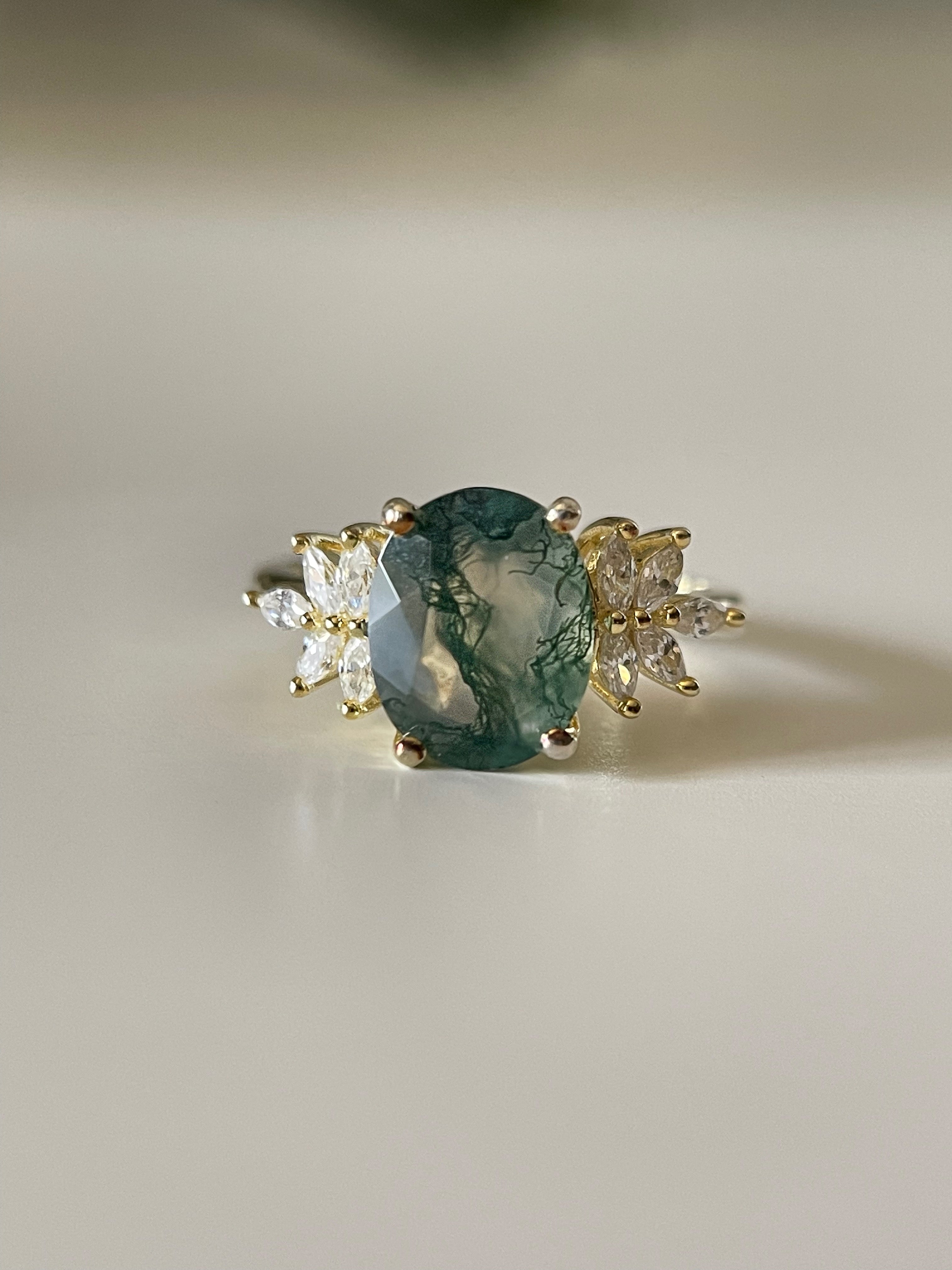 【SIERR】Bague de fiançailles ovale unique en agate mousse naturelle, faite main, 3 carats