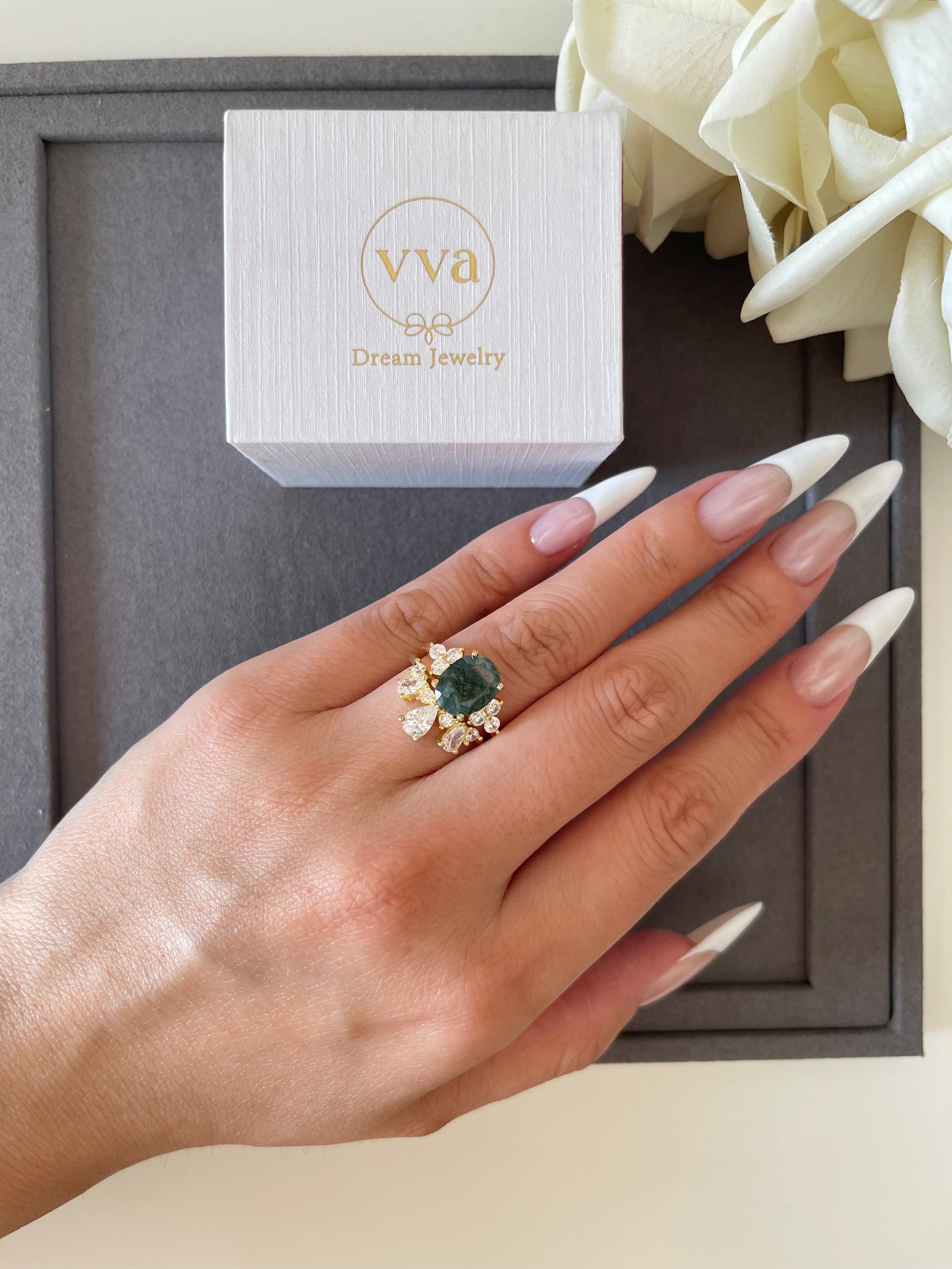 【ELOWEN SET】Unique Handmade Natural Moss Agate Engagement Ring Set 2pcs Oval Shape 3ct