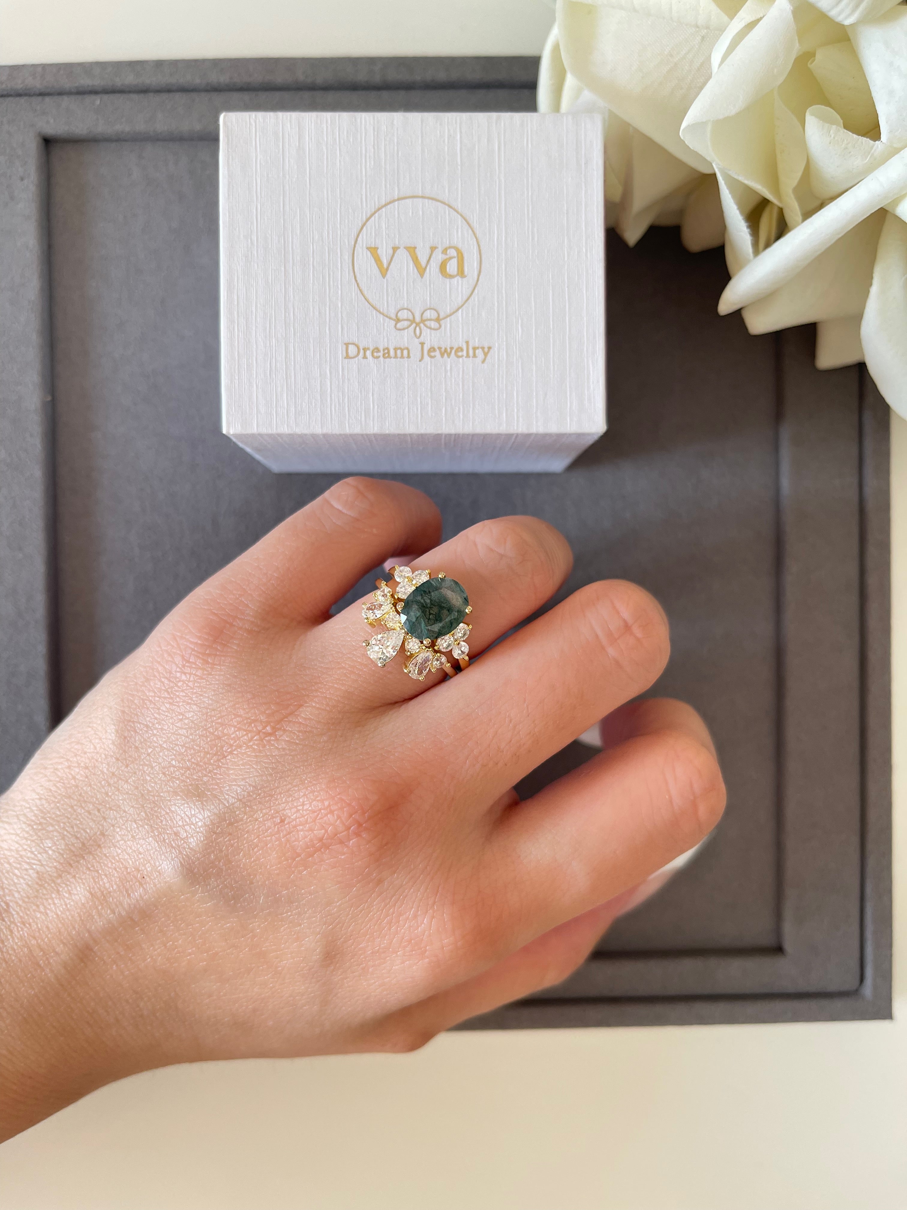 【ELOWEN】Unique Handmade Natural Moss Agate Engagement Ring Oval Shape 3ct