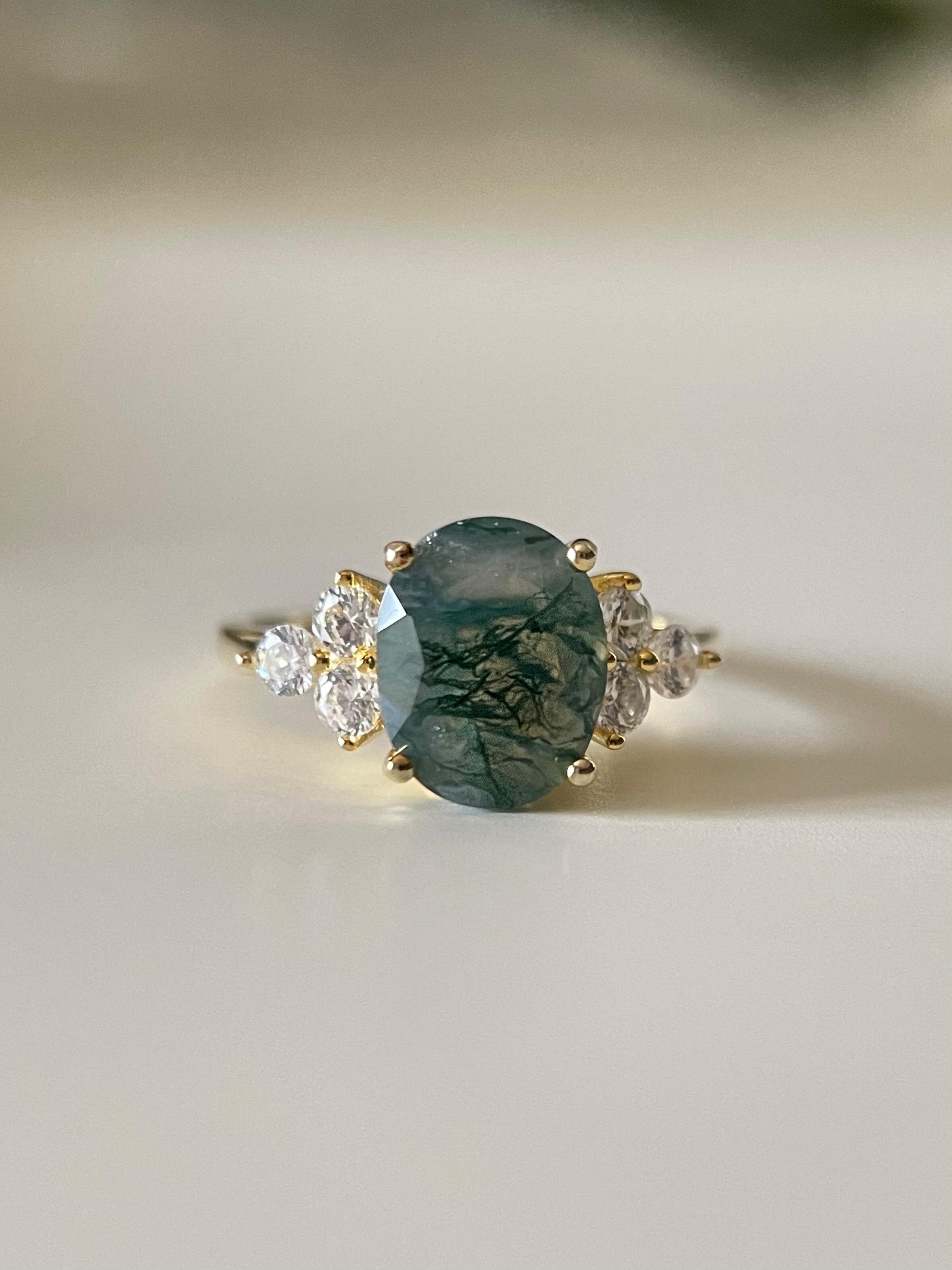 【ENSEMBLE ELOWEN】Ensemble de 2 bagues de fiançailles ovales en agate mousse naturelle, 3 carats, fabriquées à la main.