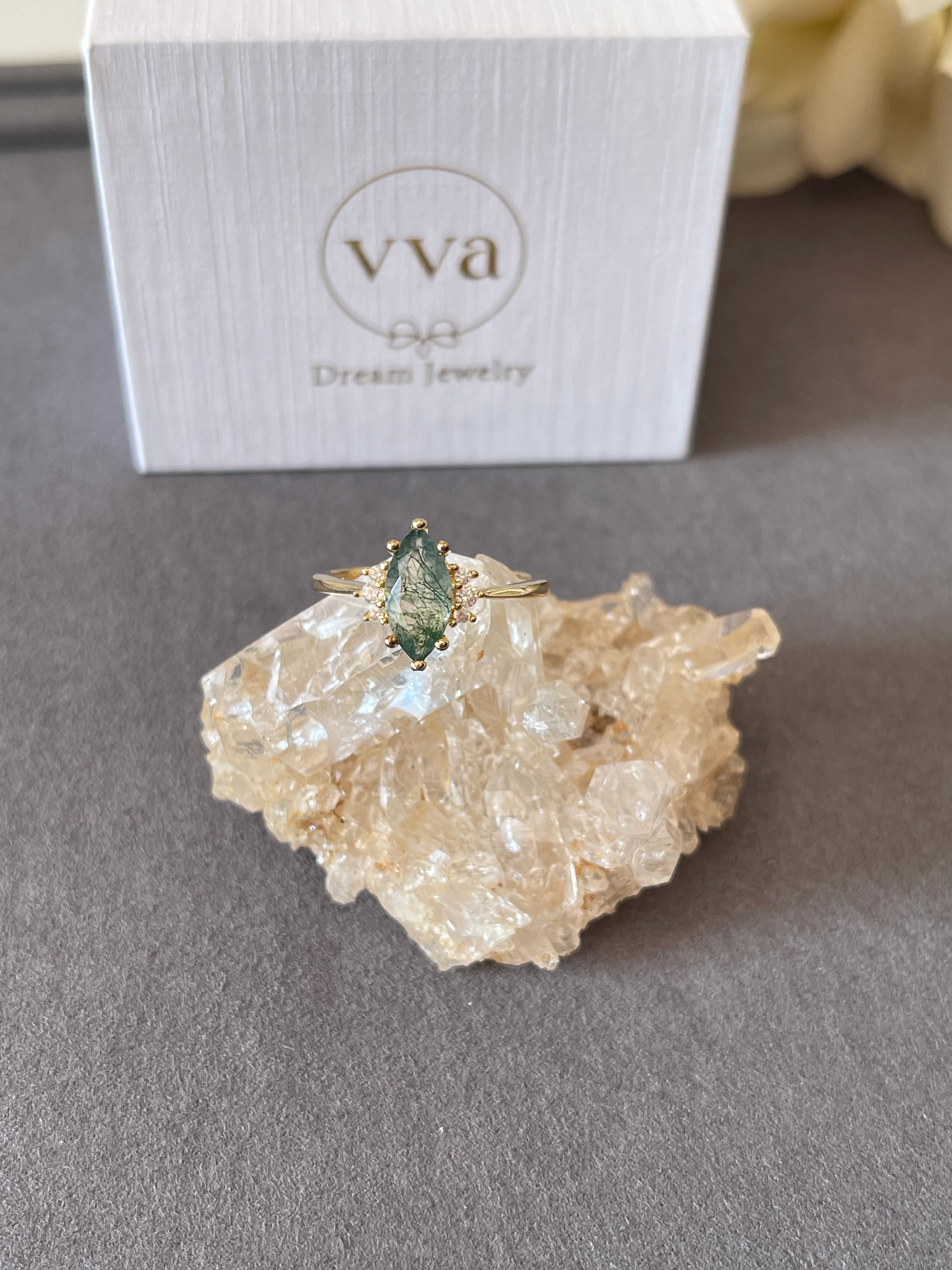 【CASSIOPEIA SET】Unique Handmade Natural Moss Agate Engagement Ring Set 3pcs Marquise Shape 1ct