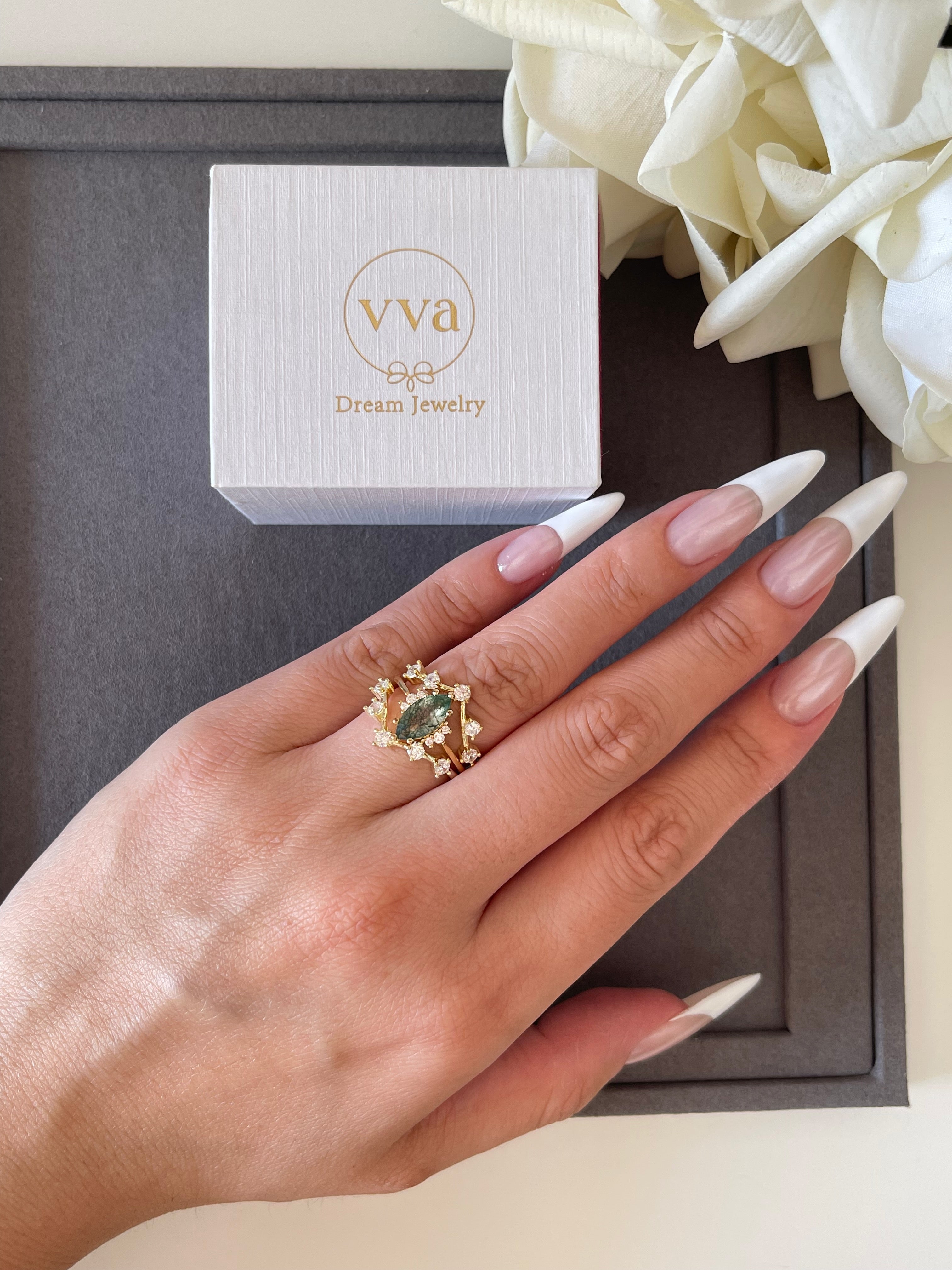 【CASSIOPEIA SET】Unique Handmade Natural Moss Agate Engagement Ring Set 3pcs Marquise Shape 1ct