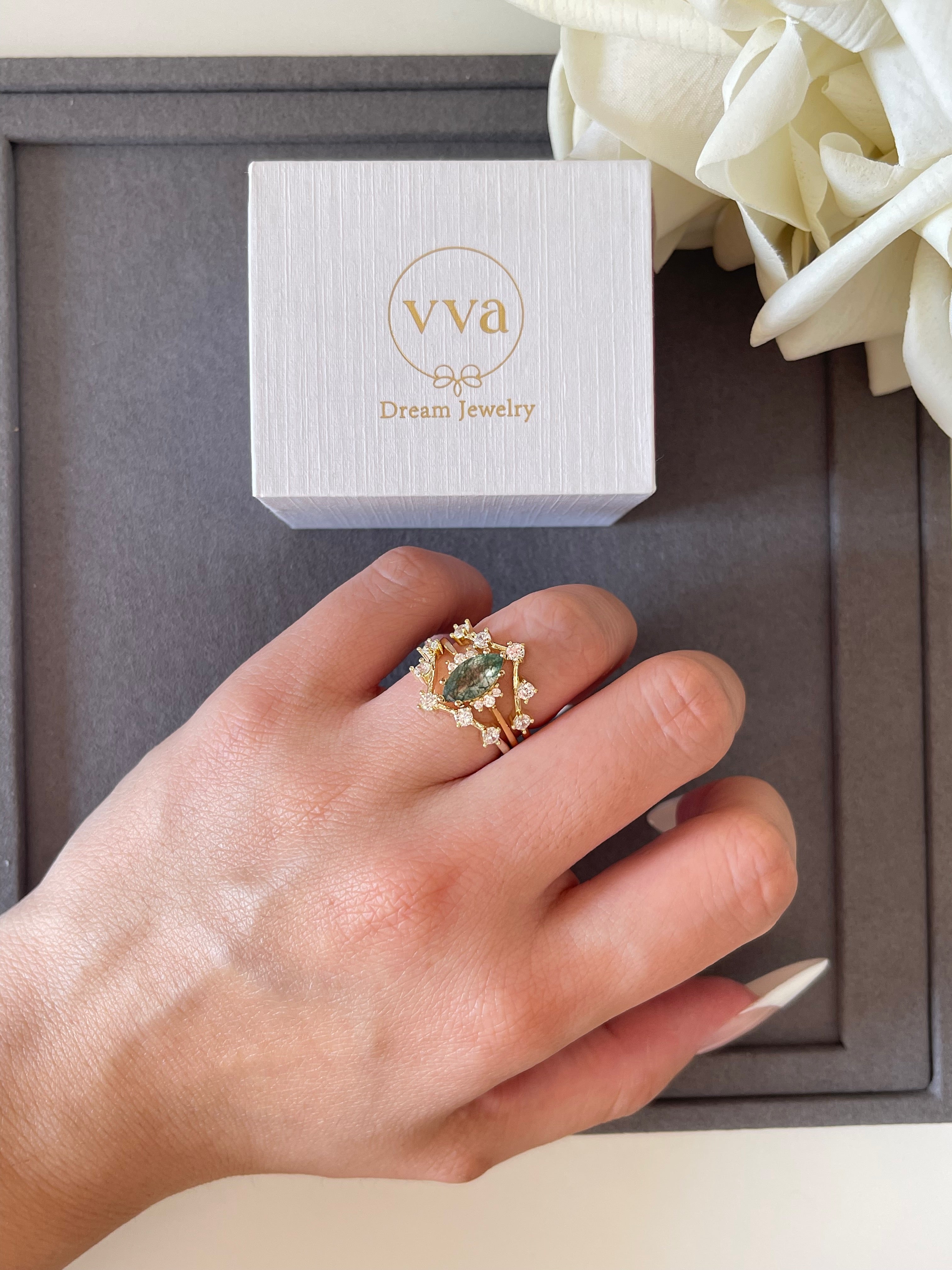 【CASSIOPEIA SET】Unique Handmade Natural Moss Agate Engagement Ring Set 3pcs Marquise Cut 1ct