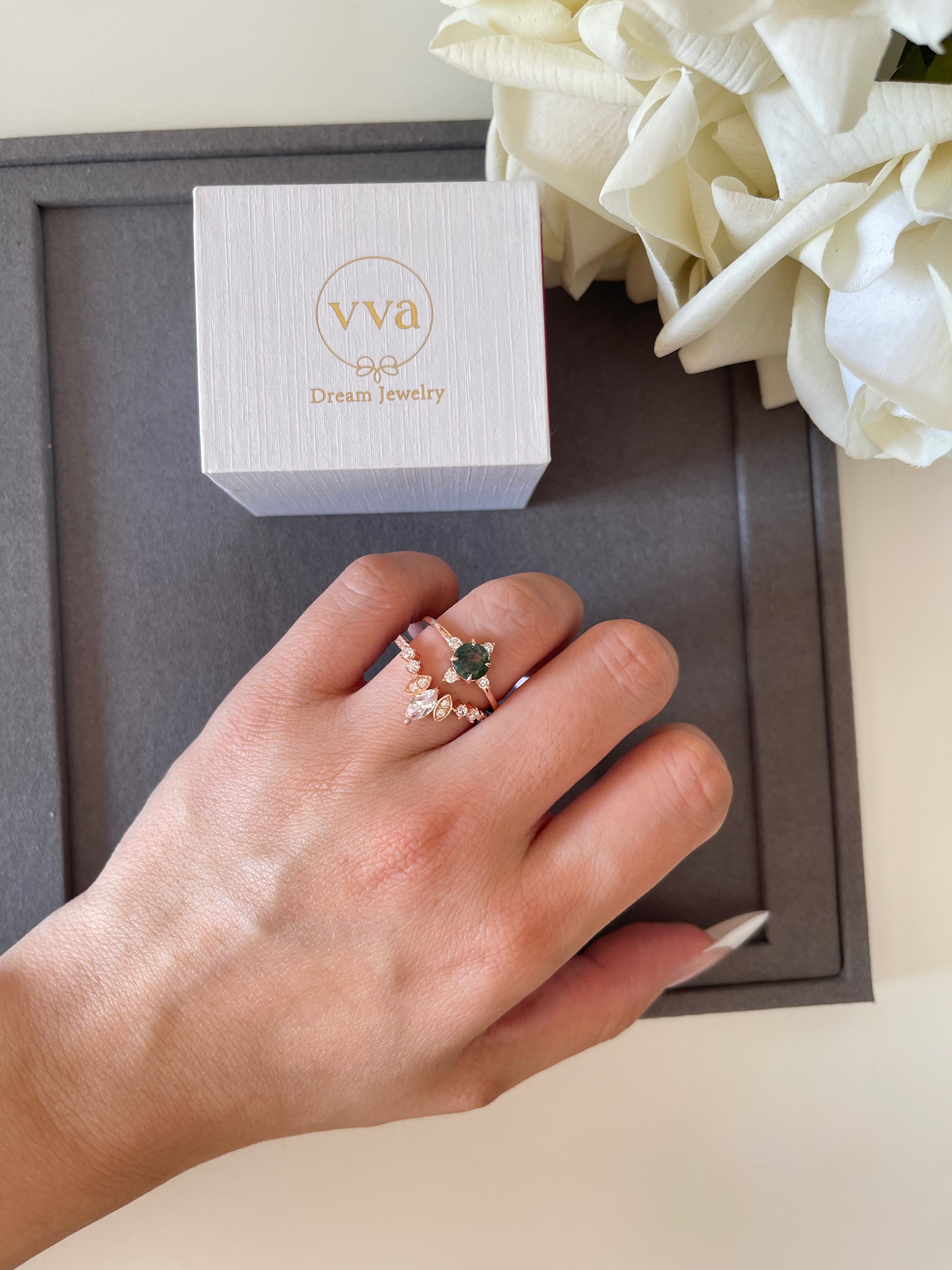 【THAILA】Bague de fiançailles unique, faite main, en agate mousse naturelle, 2 carats, forme ronde, 0,8 carat