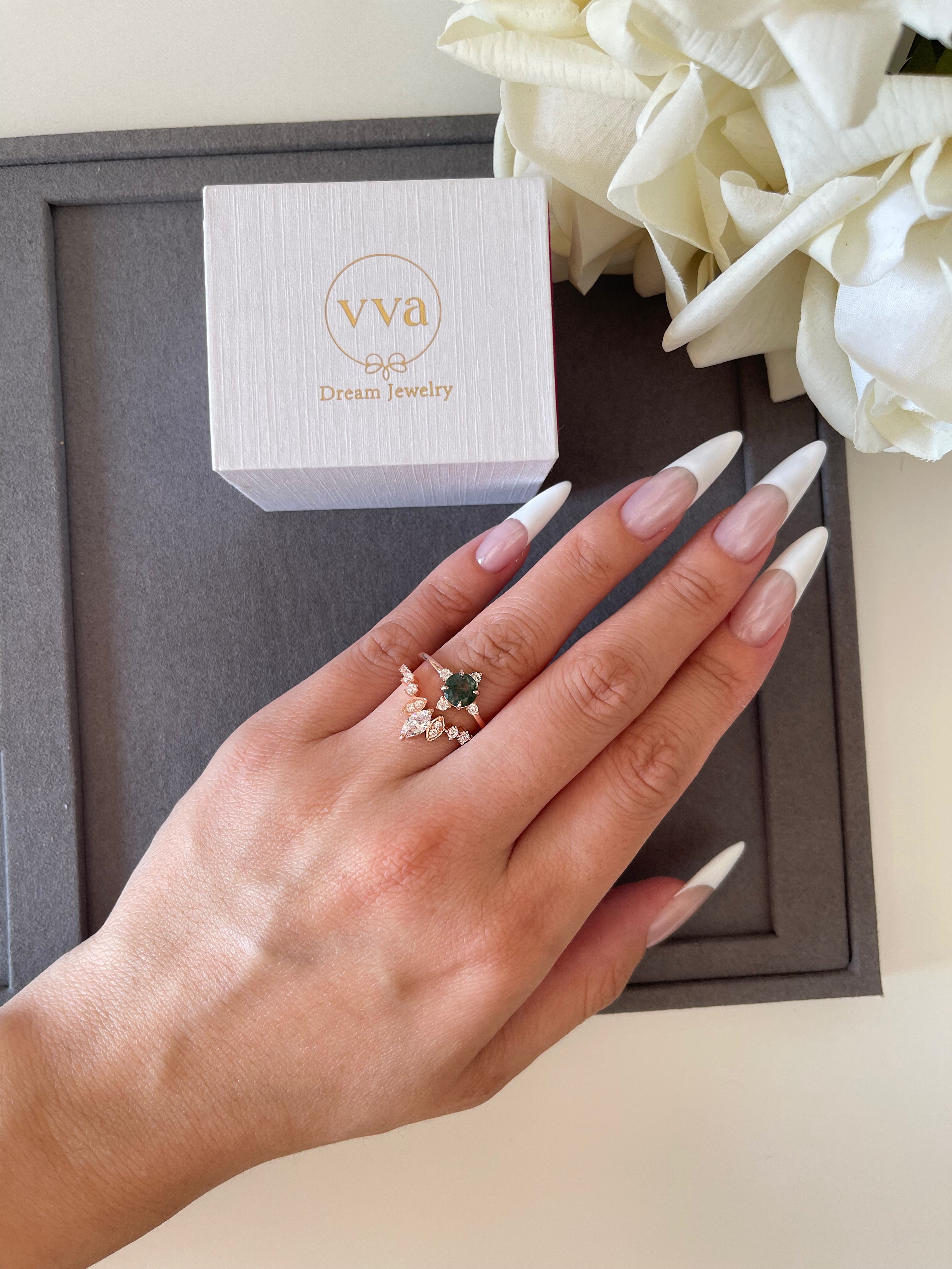 【THAILA】Bague de fiançailles unique, faite main, en agate mousse naturelle, 2 carats, forme ronde, 0,8 carat