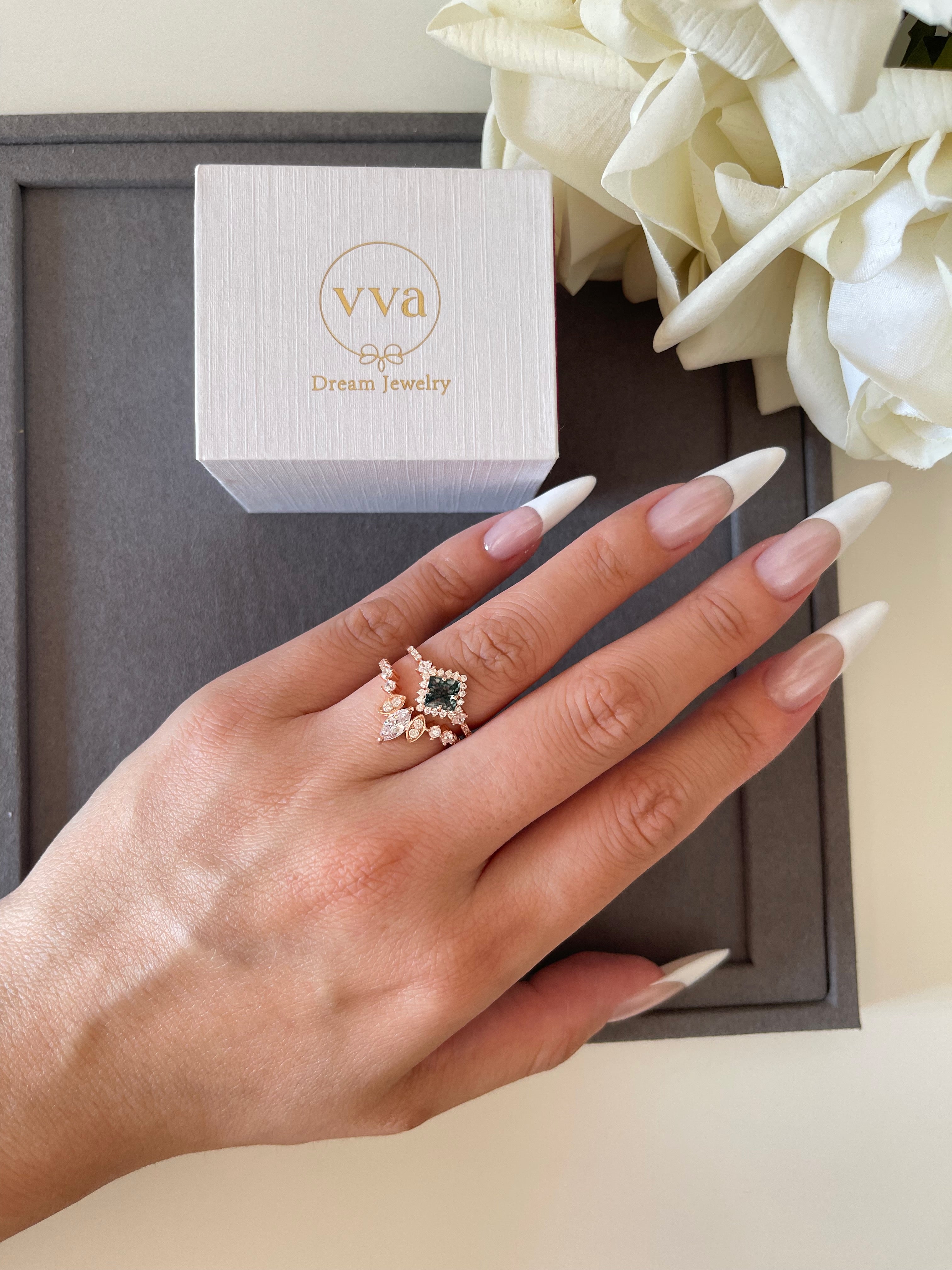 【RHIANNON】Unique Handmade Natural Moss Agate Engagement Ring Princess Shape 0.75ct