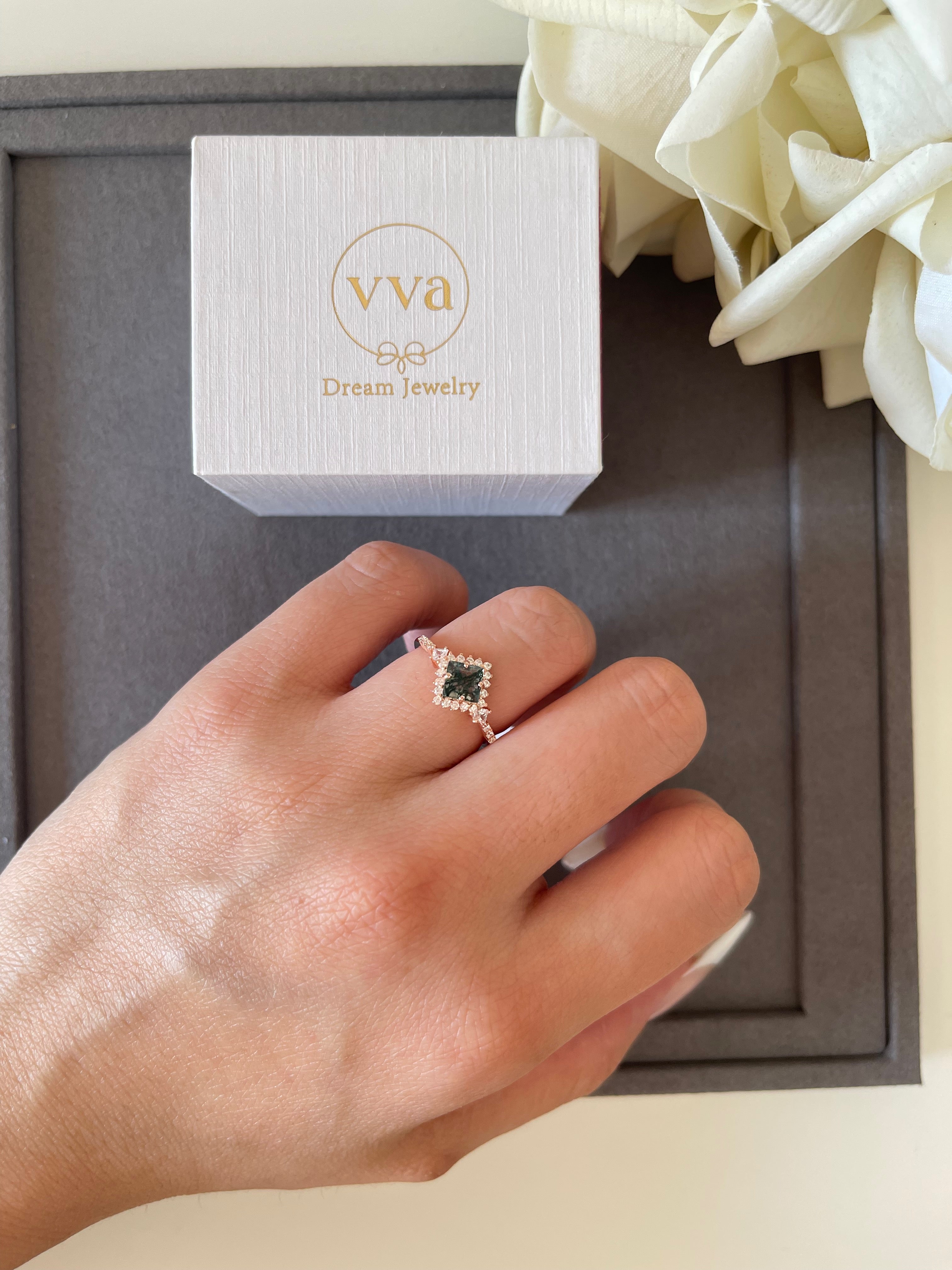 【RHIANNON】Unique Handmade Natural Moss Agate Engagement Ring Princess Shape 0.75ct