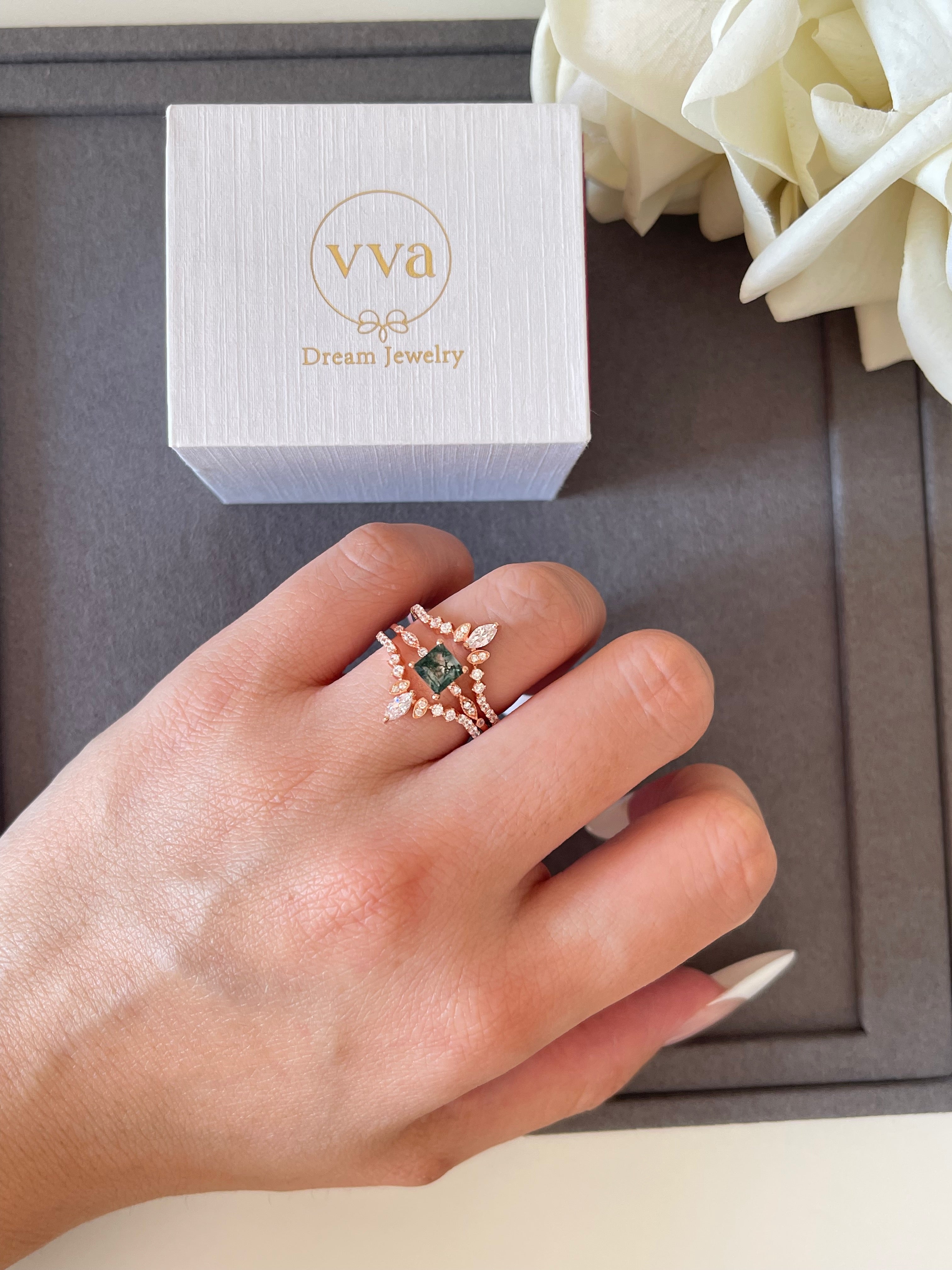 【OPHELIA SET】Unique Handmade Natural Moss Agate Engagement Ring Set 3pcs 0.75ct Princess Cut