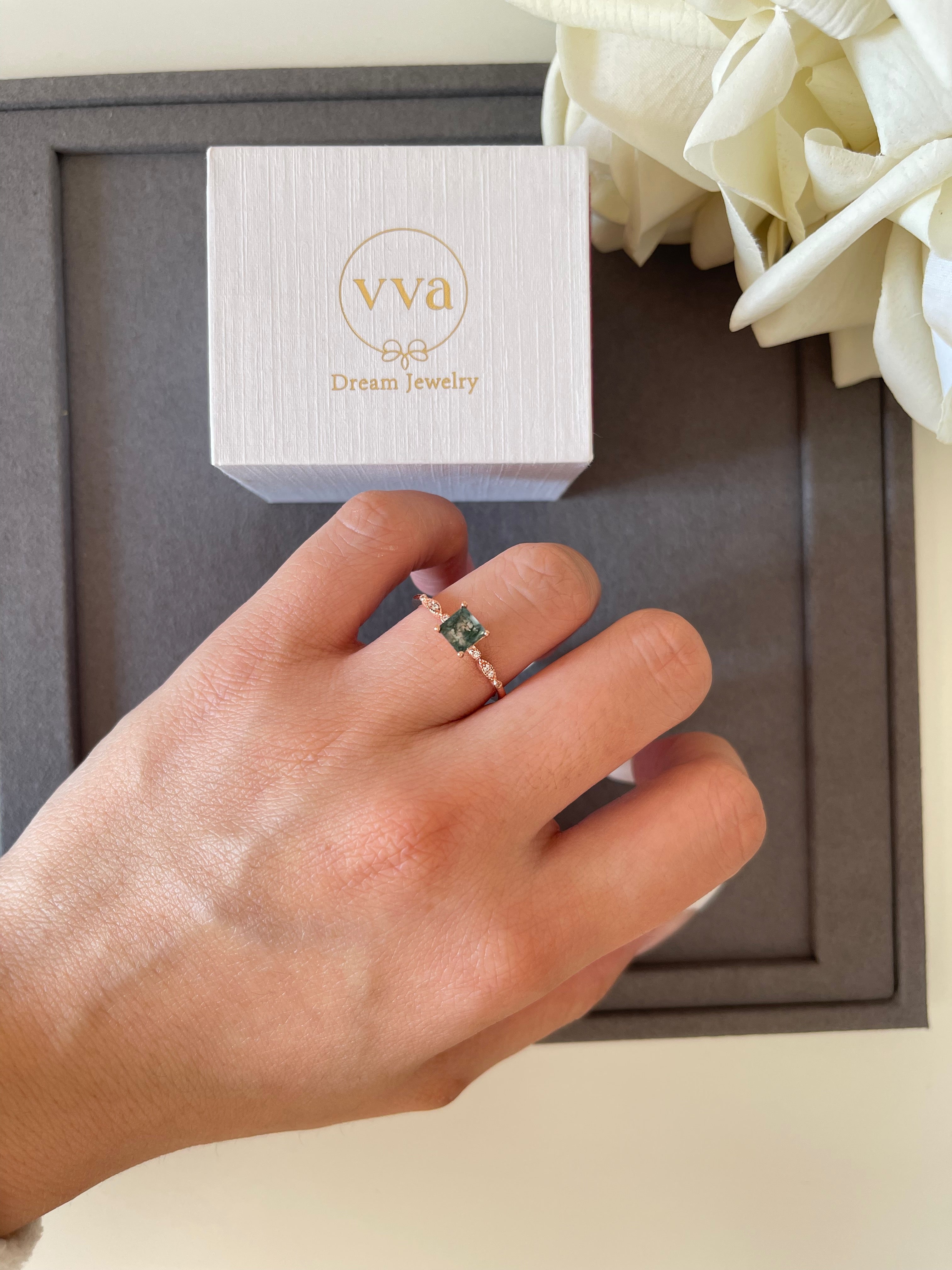 【OPHELIA SET】Unique Handmade Natural Moss Agate Engagement Ring Set 3pcs 0.75ct Princess Cut