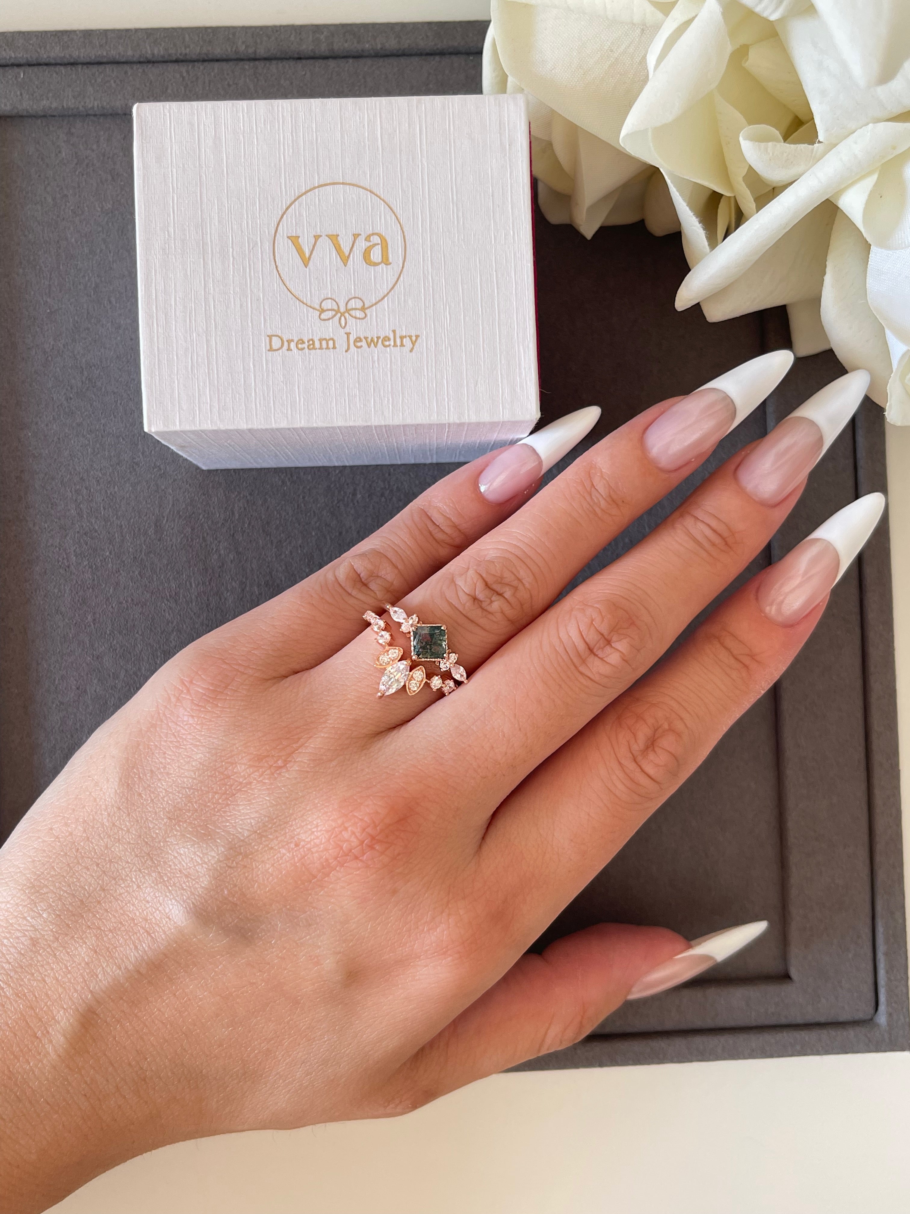 【GAIA SET】Unique Handmade Natural Moss Agate Engagement Ring Set 2pcs 0.75ct Princess Shape