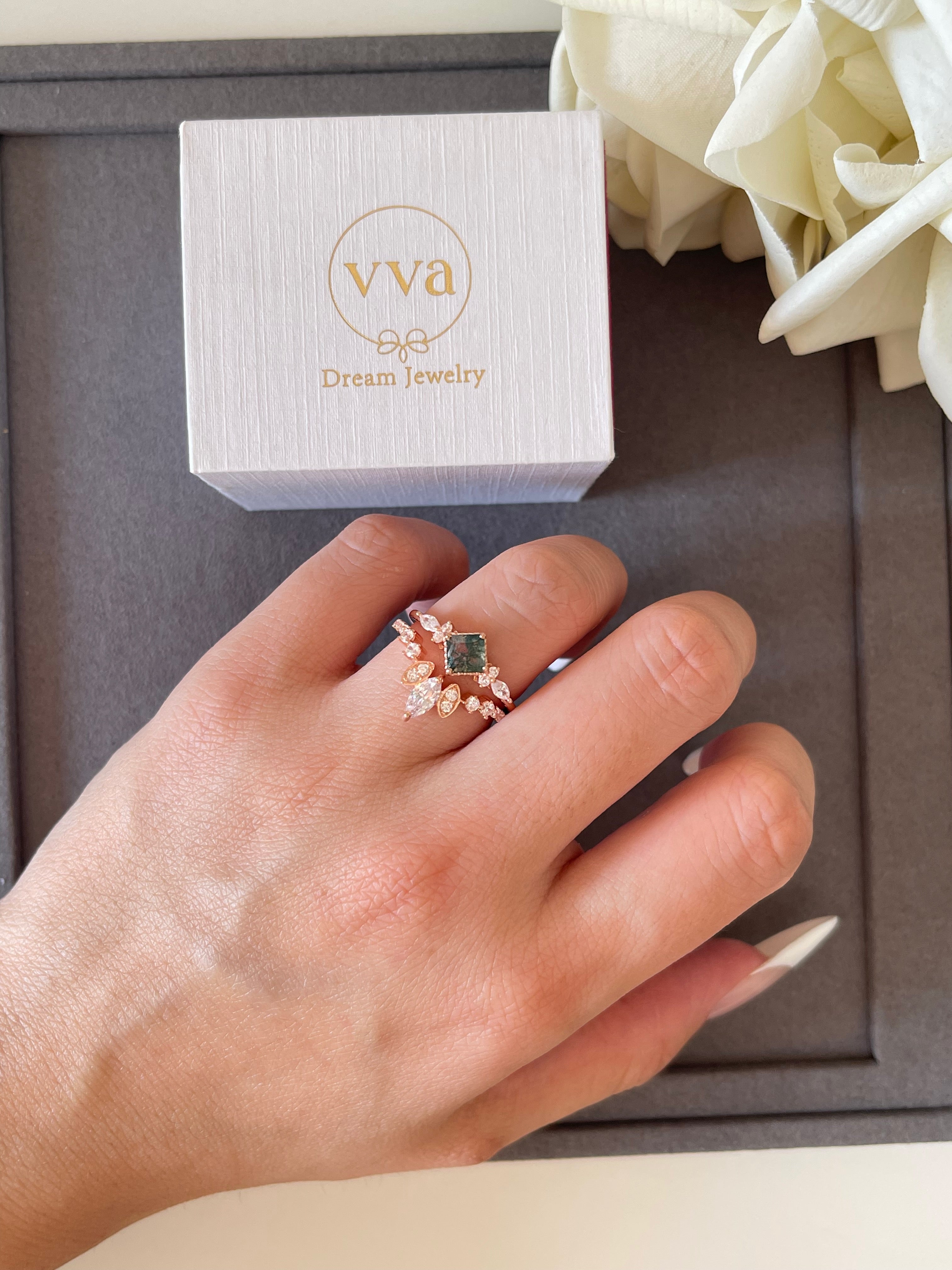 【GAIA SET】Unique Handmade Natural Moss Agate Engagement Ring Set 2pcs 0.75ct Princess Shape