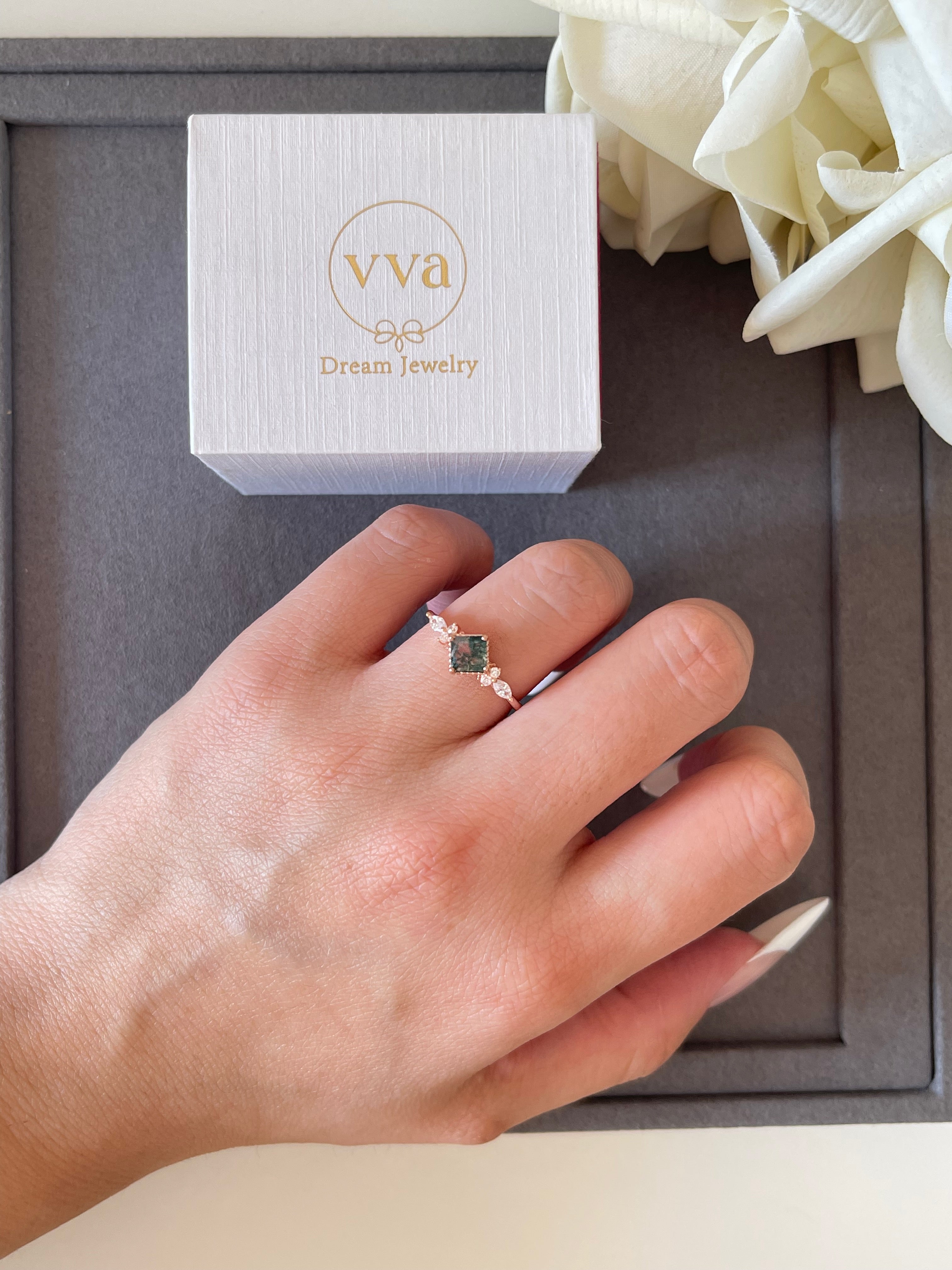 【GAIA SET】Unique Handmade Natural Moss Agate Engagement Ring Set 2pcs 0.75ct Princess Shape