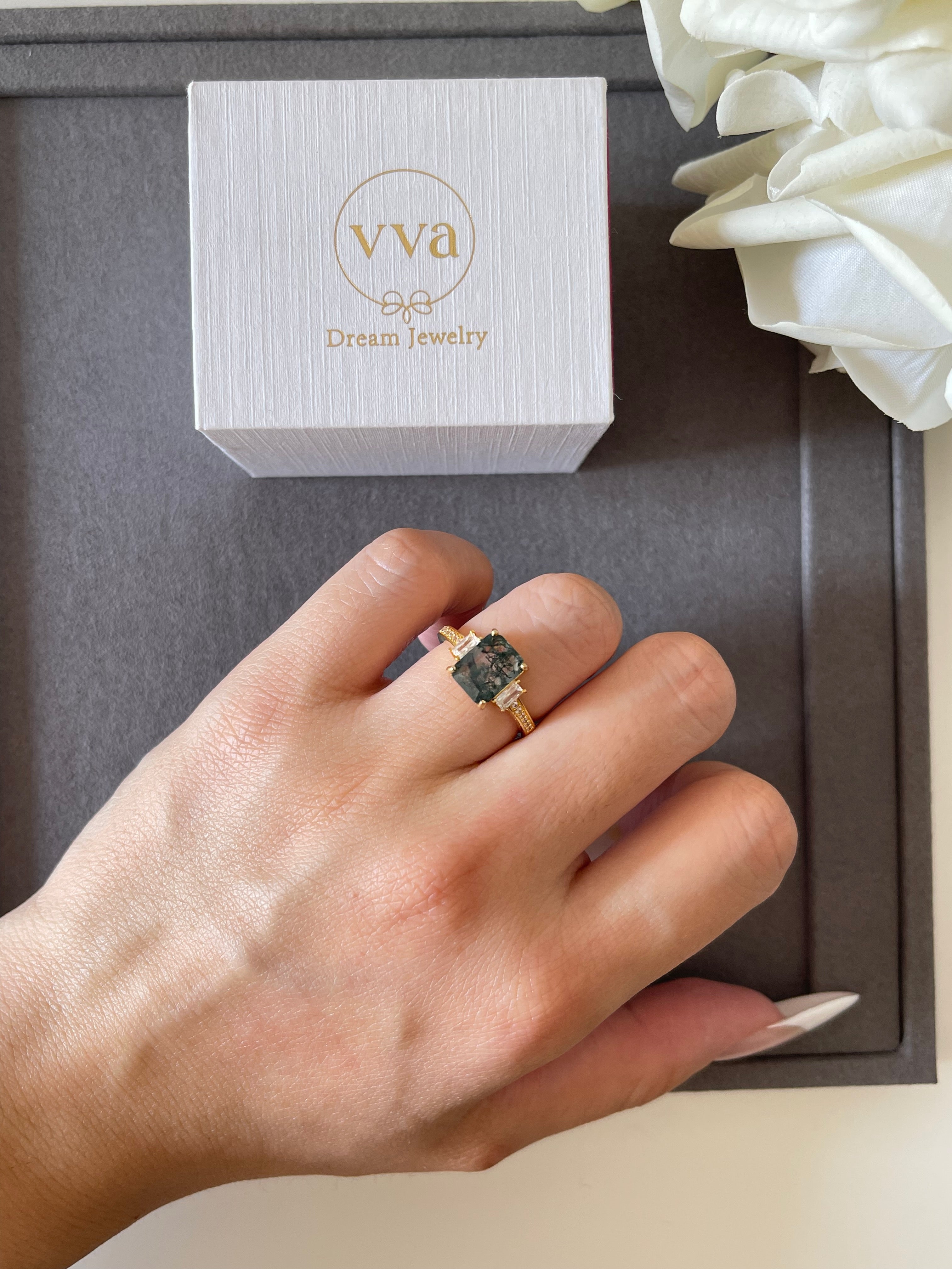 【Callista】Unique Handmade Natural Moss Agate Engagement Ring 2.5ct Cushion Shape