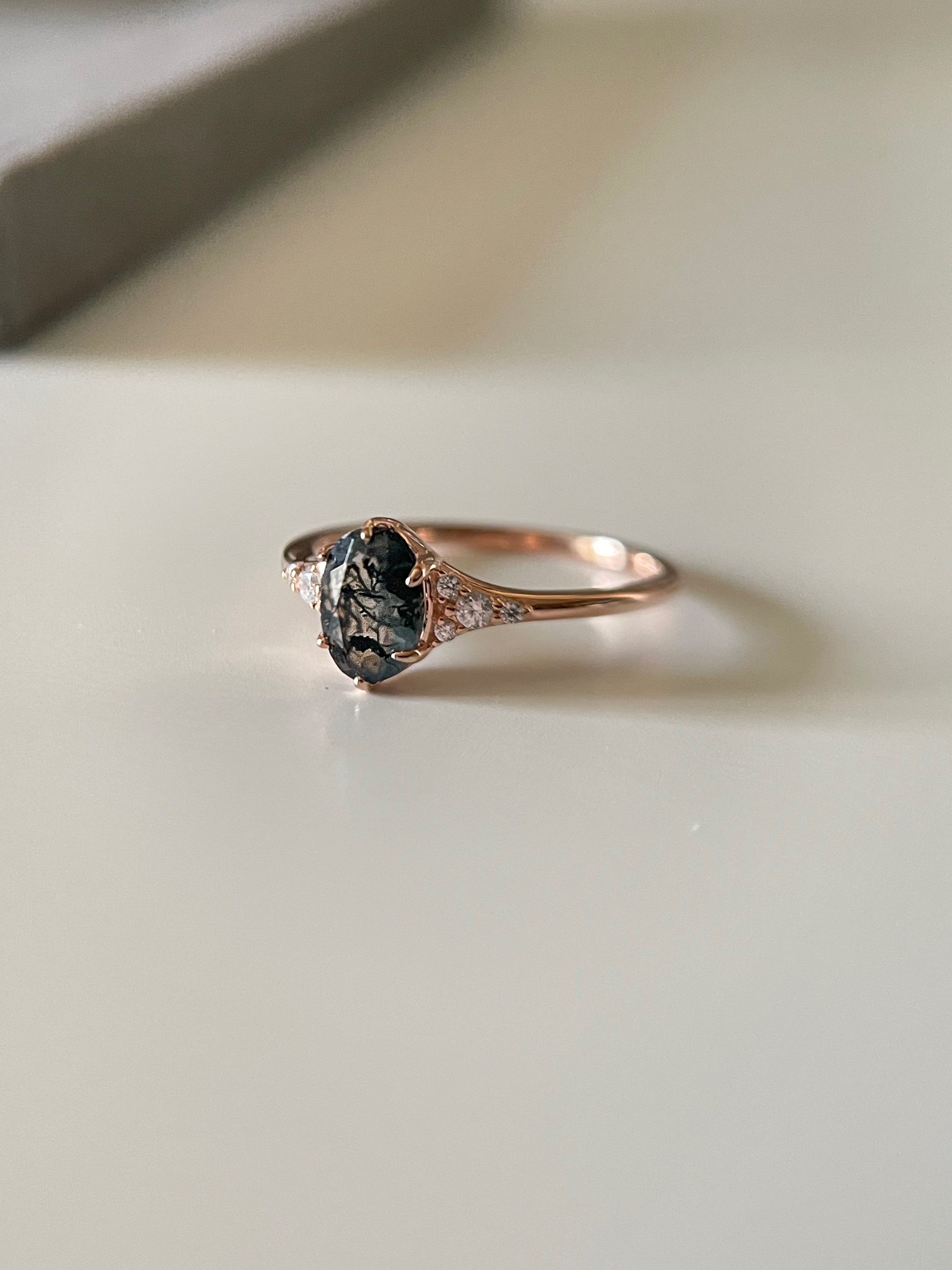 【Aetheria】Unique Handmade Natural Moss Agate Engagement Ring 0.75ct Oval Shape