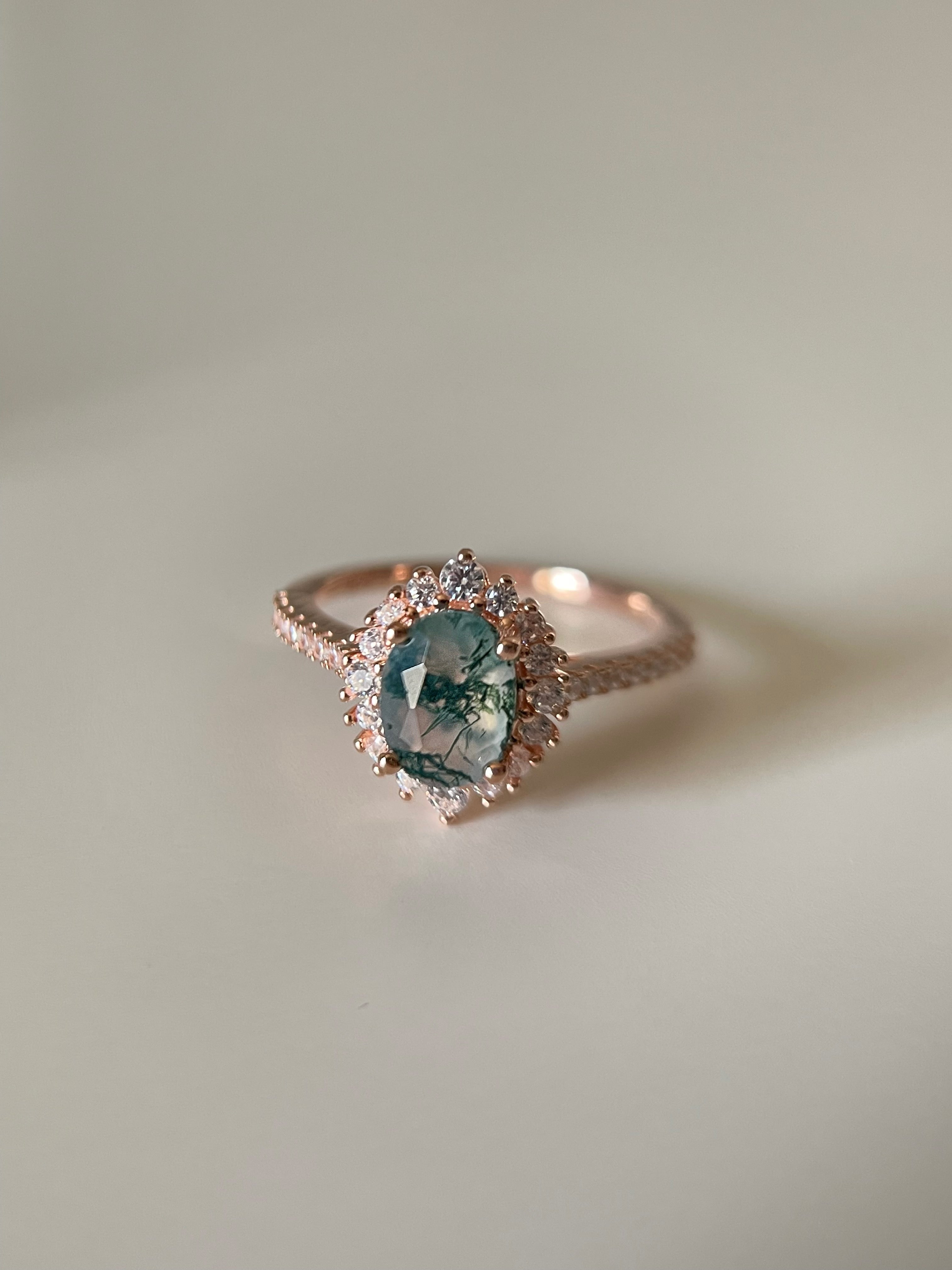 【Solara Set】Unique Handmade Natural Moss Agate Engagement Ring Set 2pcs 1.5ct Oval Cut