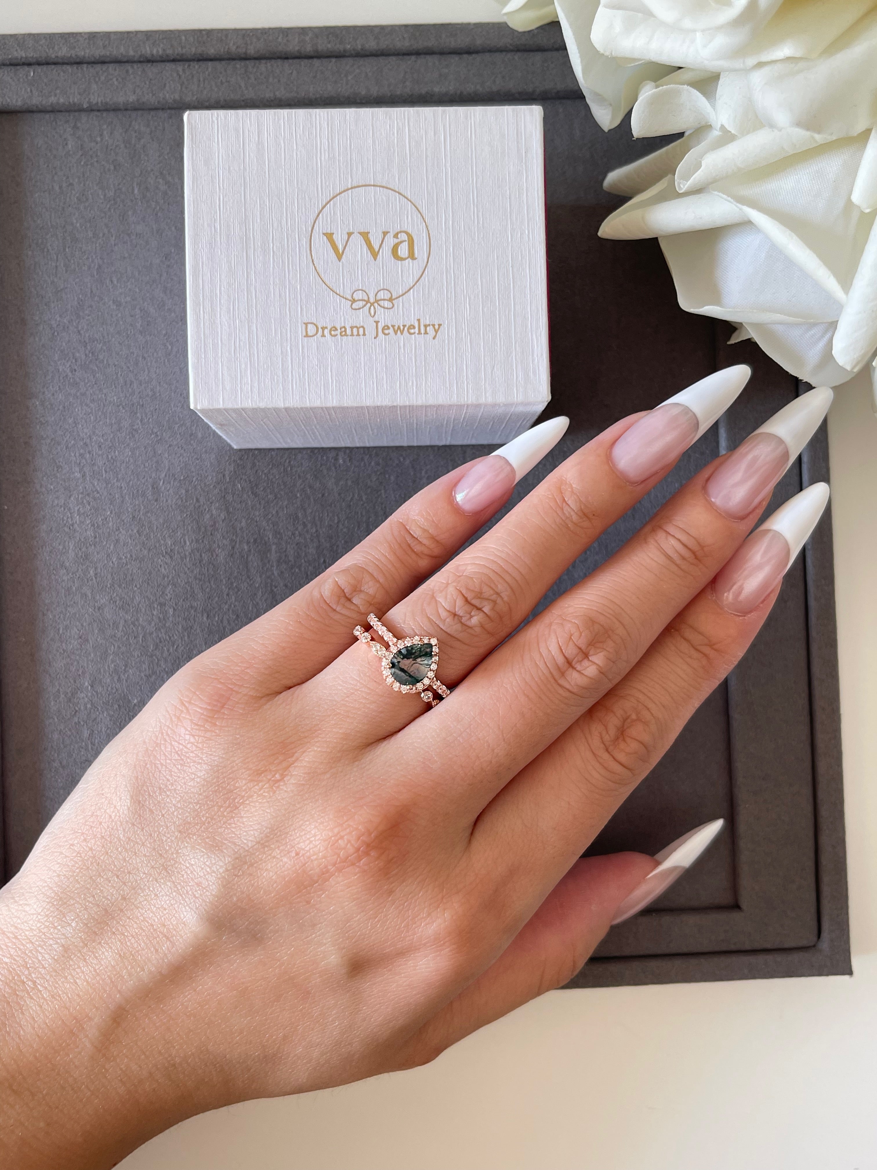 【Verdian】Bague de fiançailles unique en agate mousse naturelle faite à la main, 0,8 ct, forme poire