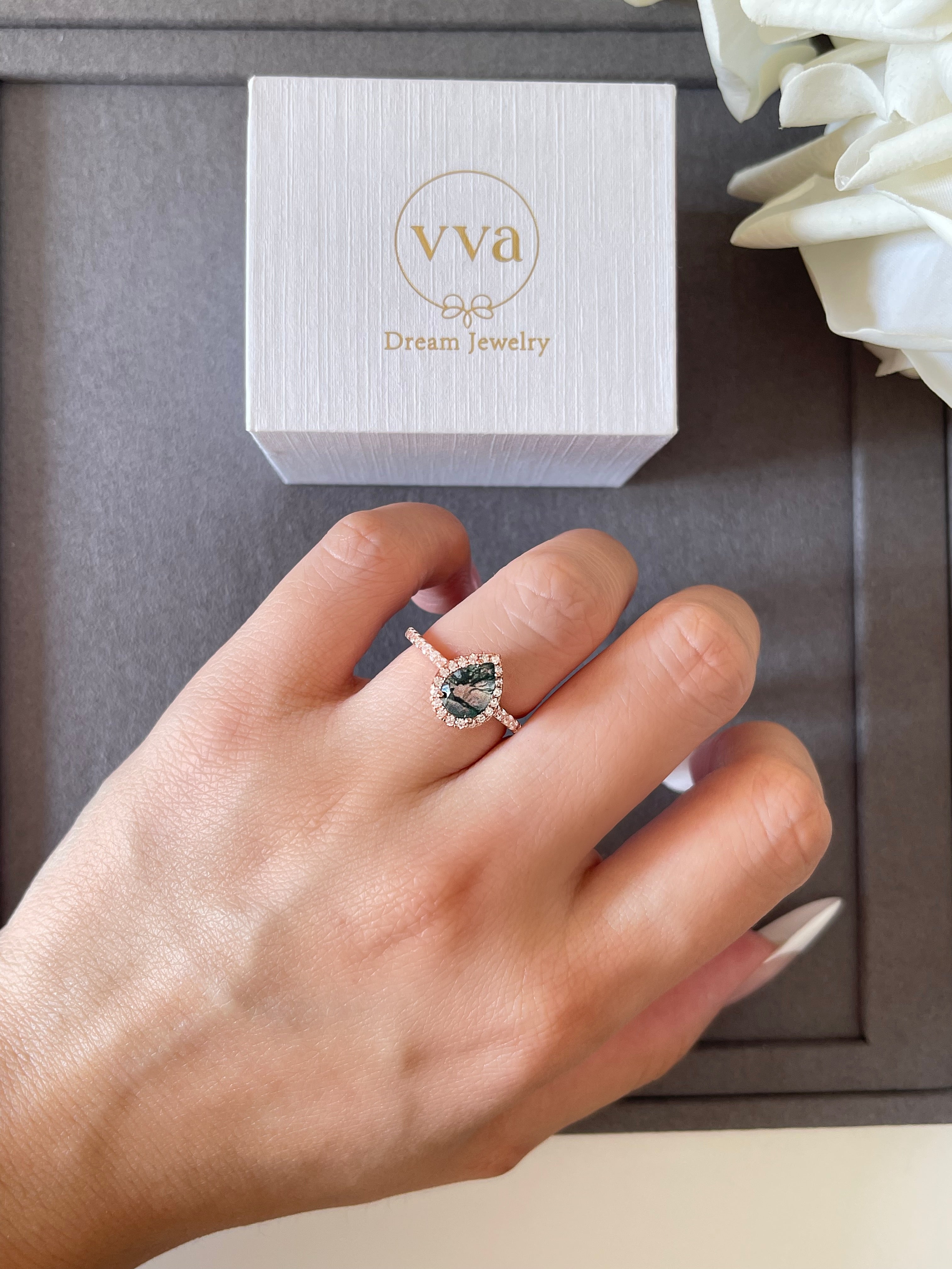 【Verdian】Bague de fiançailles unique en agate mousse naturelle faite à la main, 0,8 ct, forme poire