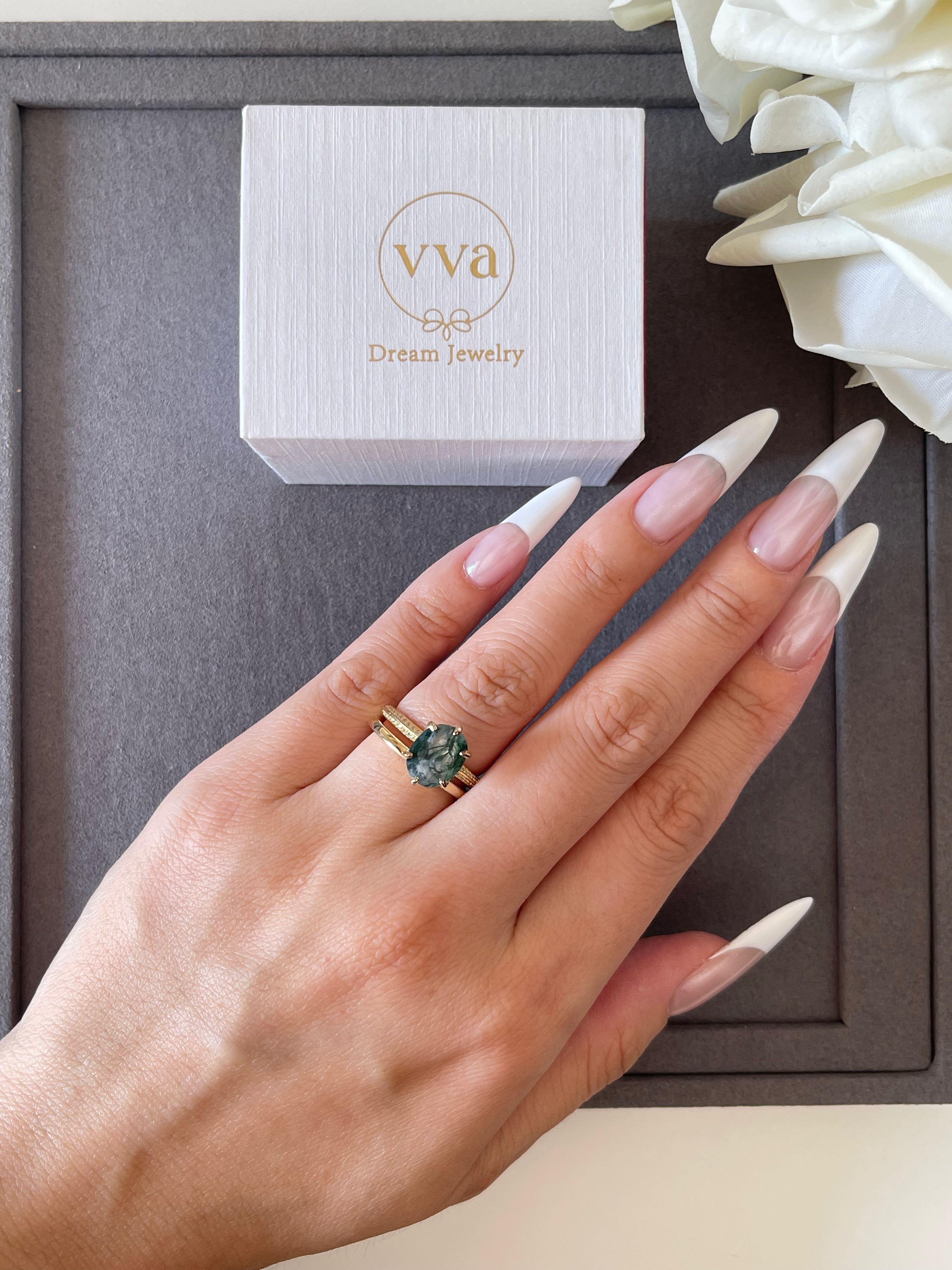 【Mysterium】Unique Handmade Natural Moss Agate Engagement Ring 3ct Oval Shape