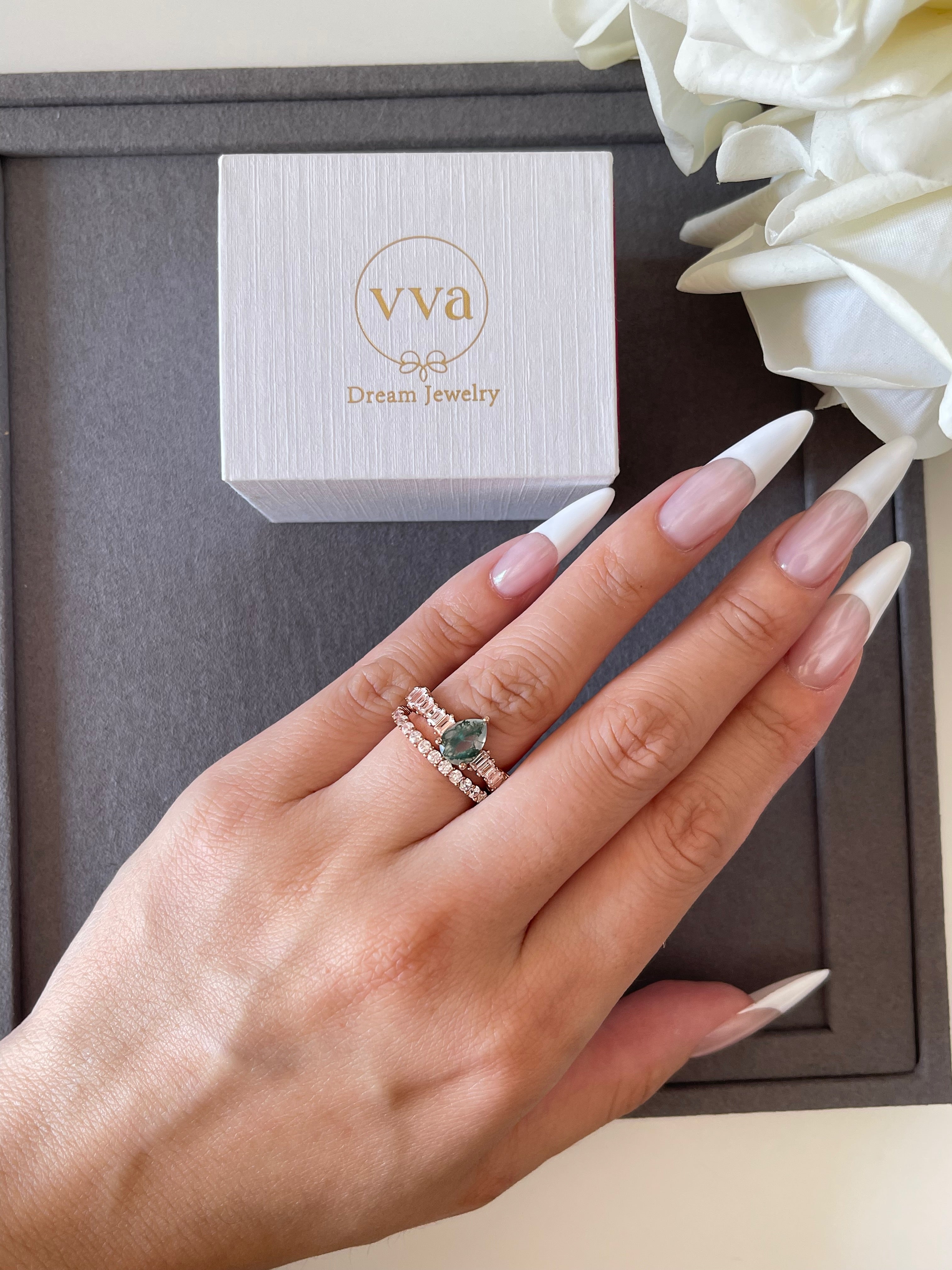 【Dewdrop Canopy】Unique Handmade Natural Moss Agate Engagement Ring 0.8ct Pear Shape