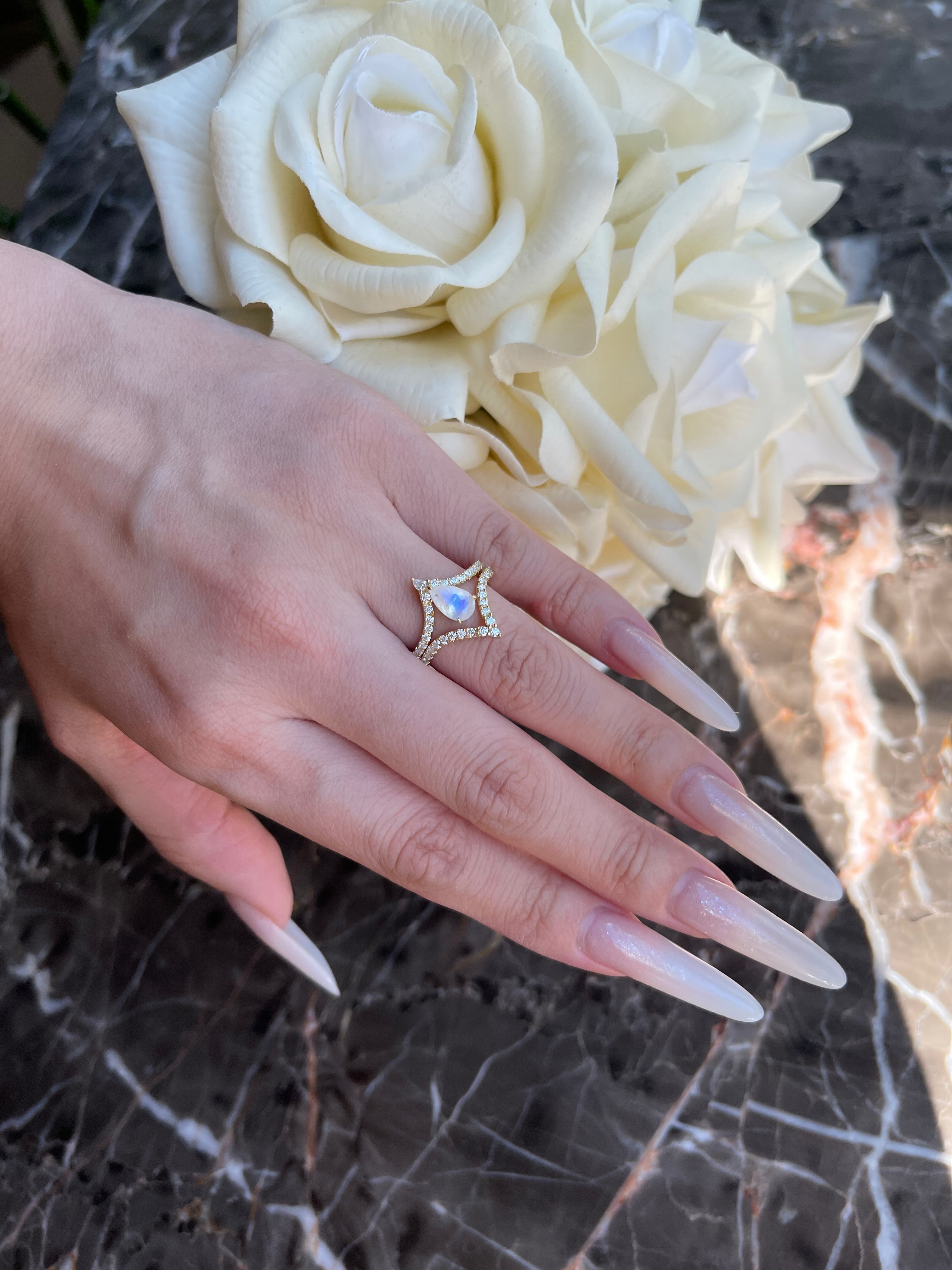 【Lumina Vow】Unique Handmade Natural Blue Moonstone Engagement Ring Set 2pcs 0.7ct Pear Shape