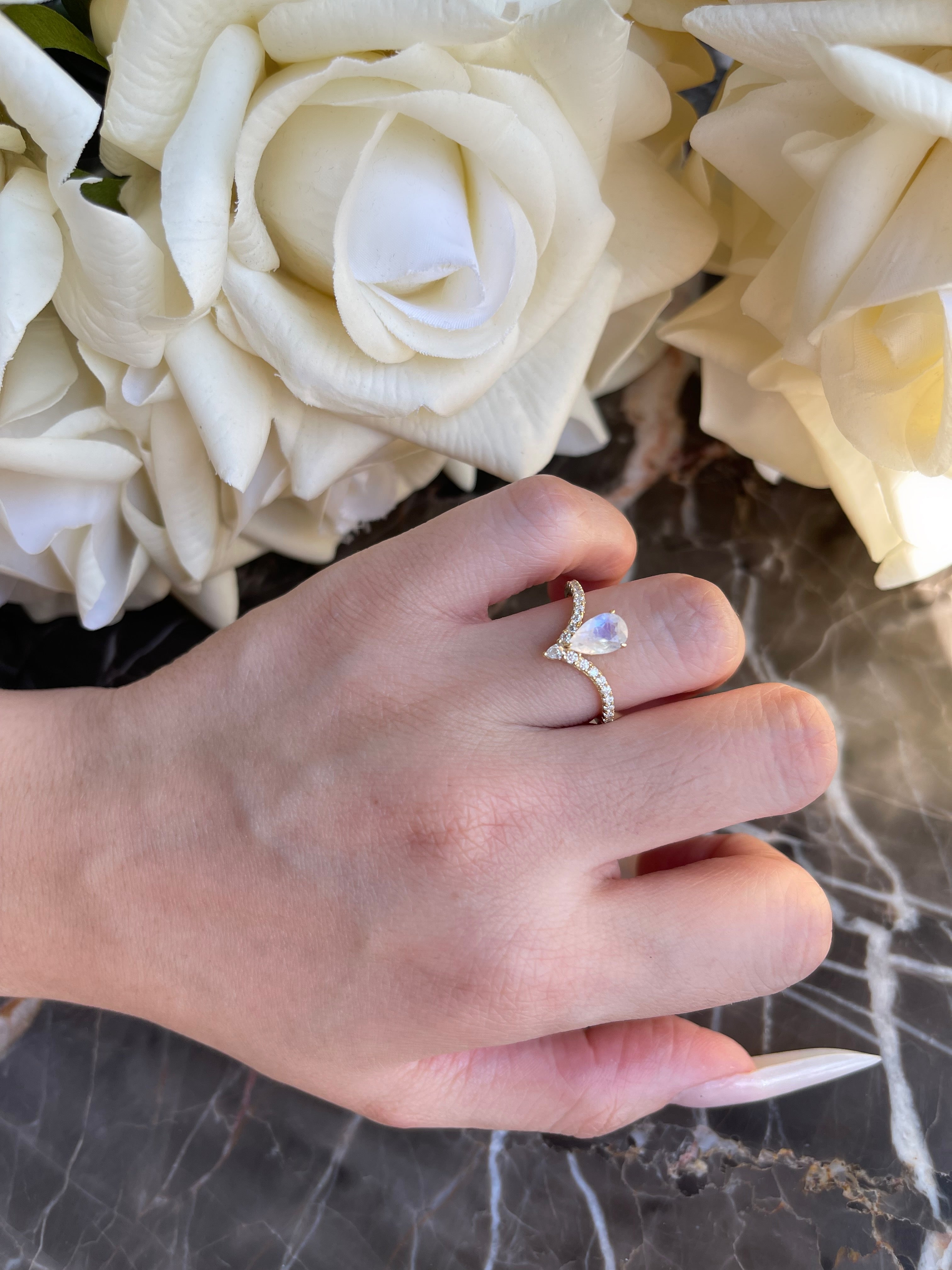 【Lumina Vow】Unique Handmade Natural Blue Moonstone Engagement Ring Set 2pcs 0.7ct Pear Shape