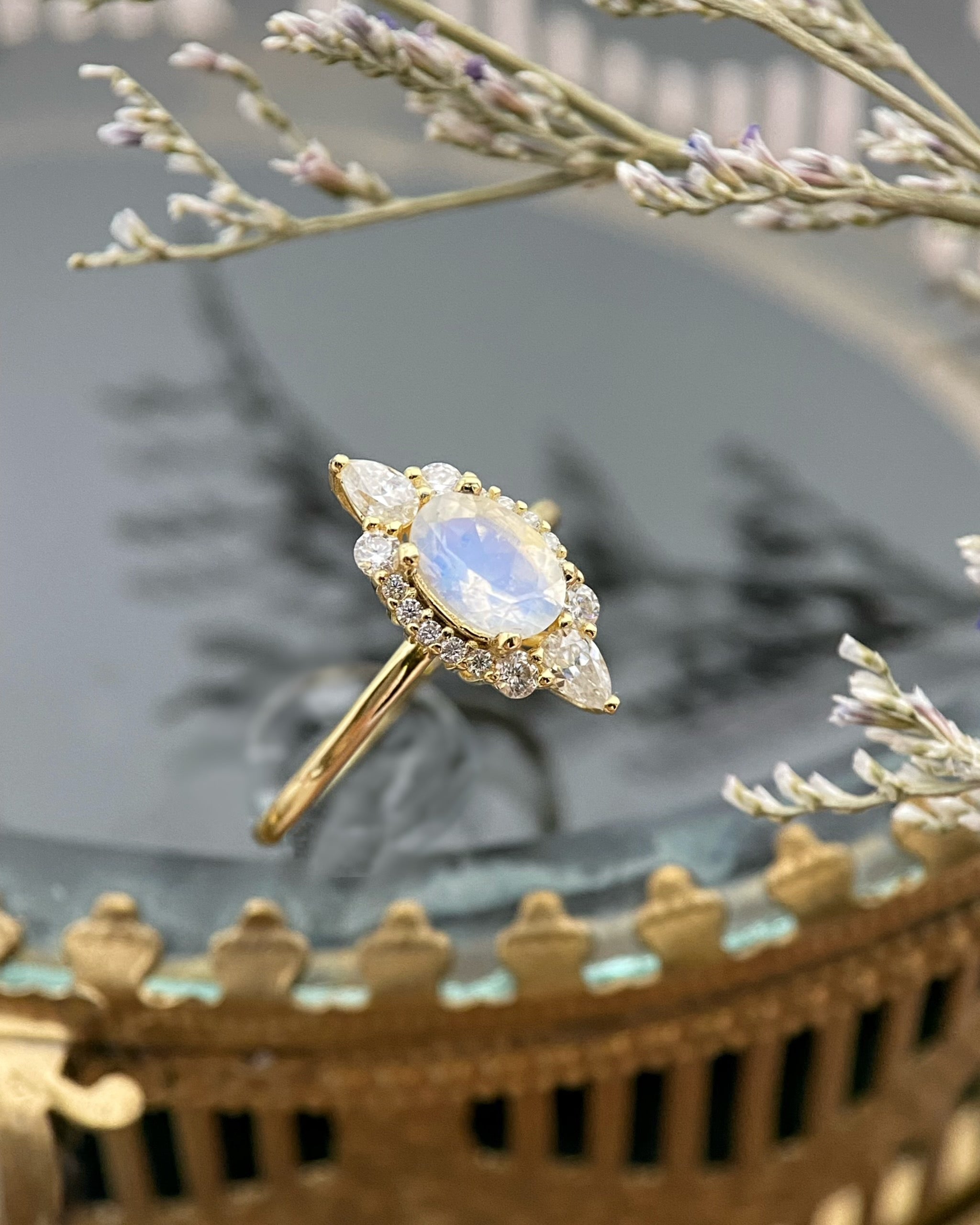 Diana's Bow | Vintage Art Deco Inspired Blue Moonstone Engagement Ring