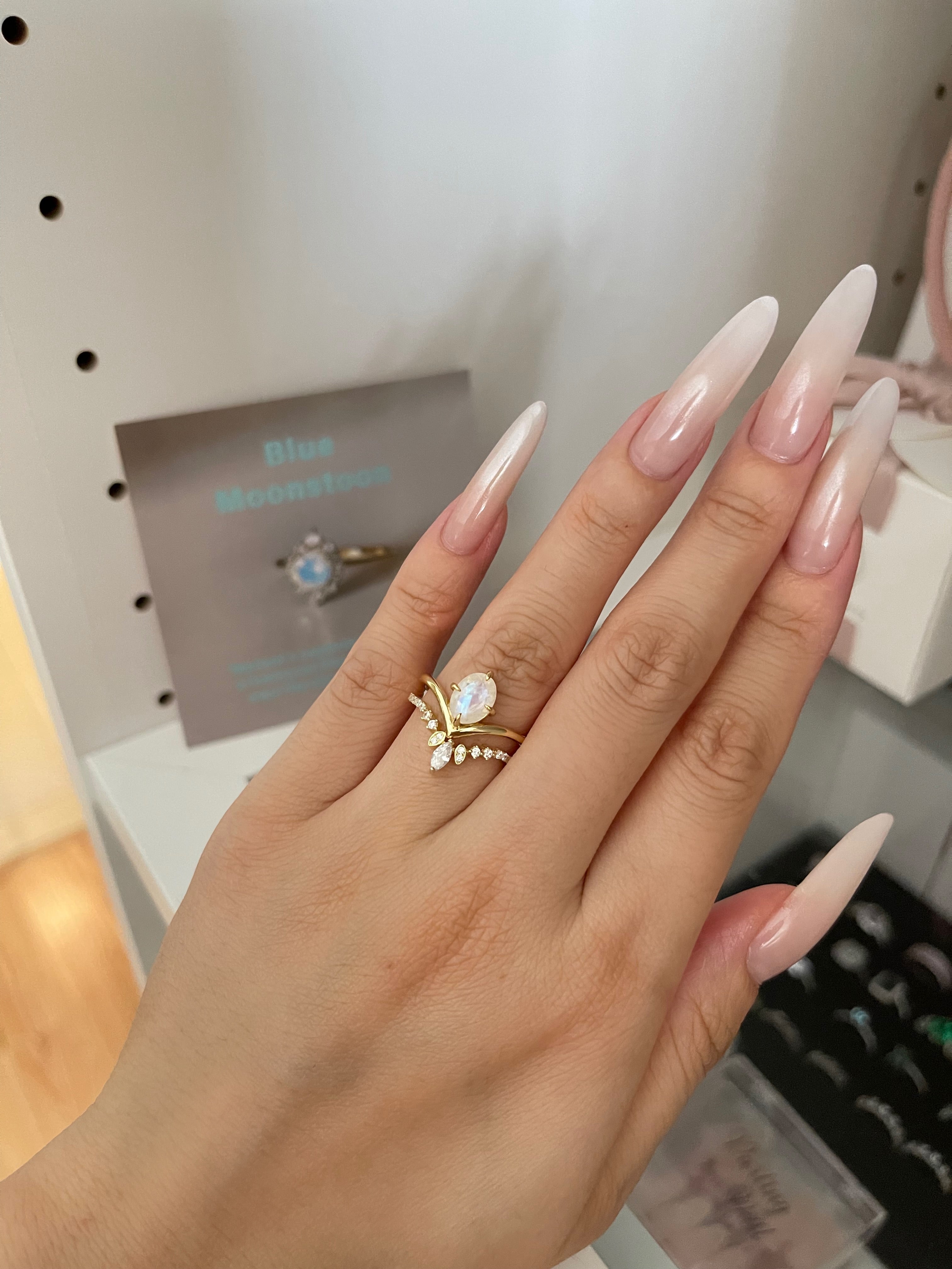 【GENEVIEVE SET】Unique Handmade Natural Blue Moonstone Engagement Ring Set 2pcs Oval Shape 1.5ct