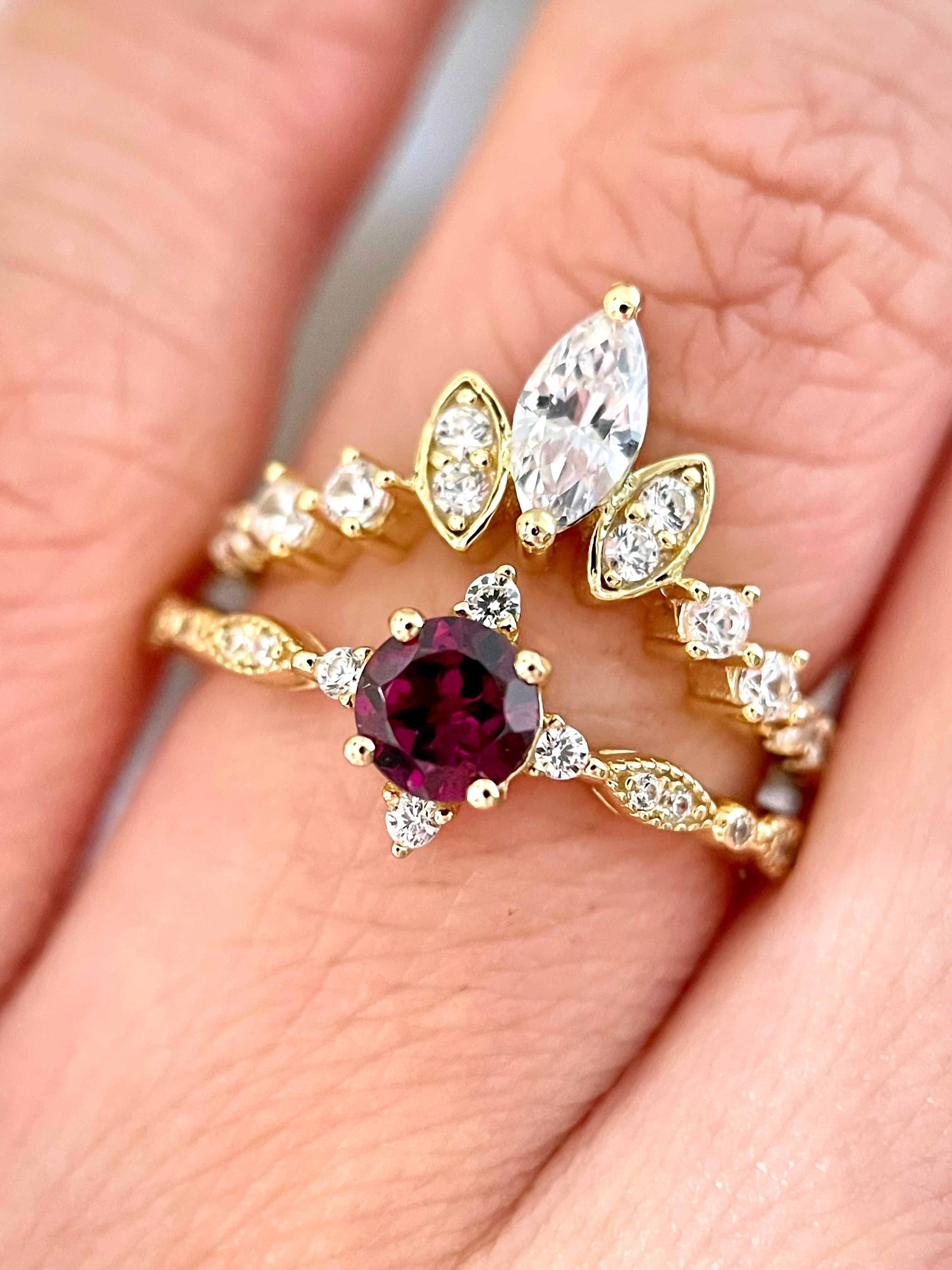 【Valoria Set】Handmade Natural Rhodolite Garnet Engagement Ring Set 2pcs 0.5ct Round Cut