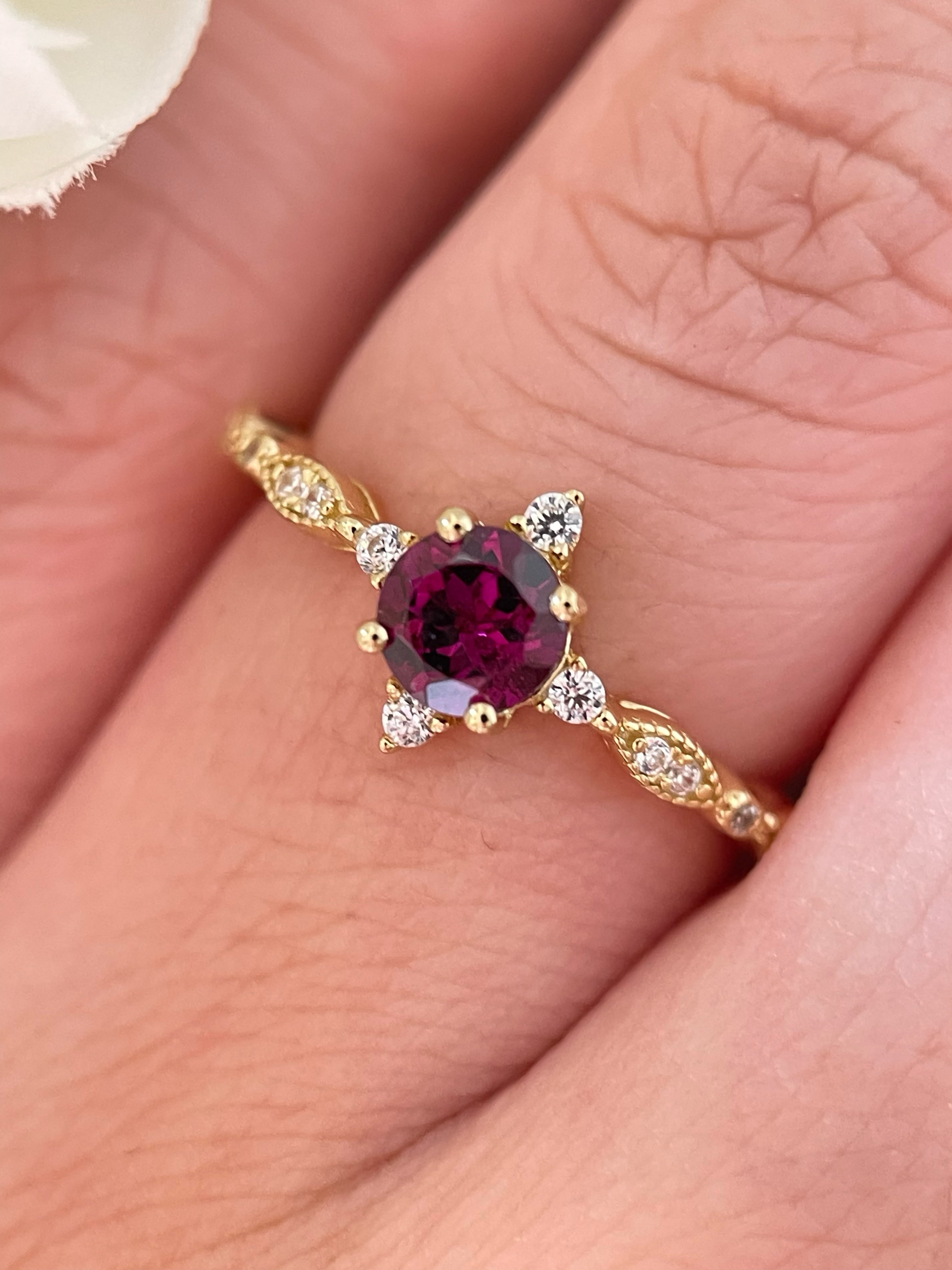 【Valoria】Bague de fiançailles artisanale en grenat rhodolite naturel de 0,5 ct, forme ronde