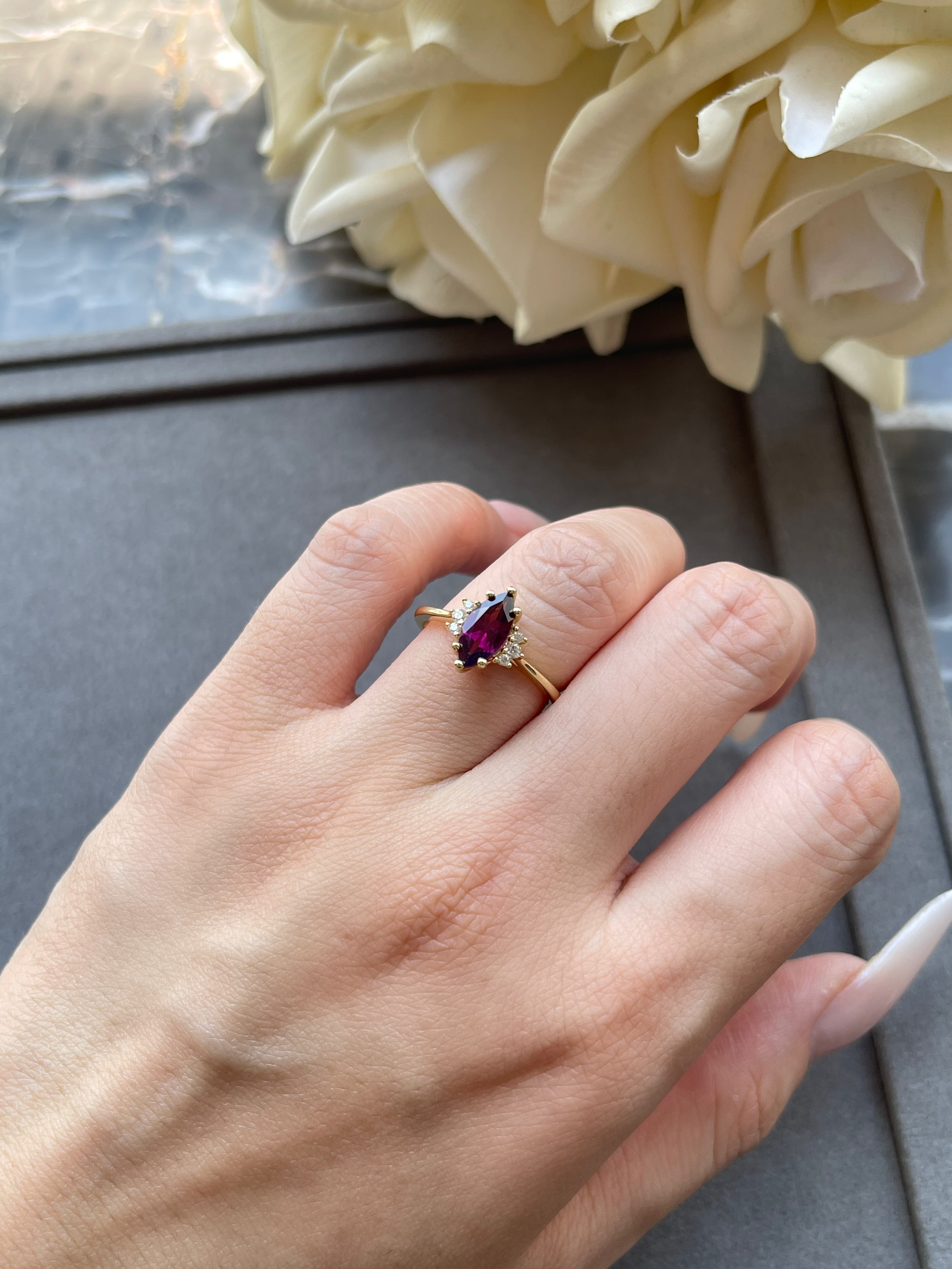 【Octavia】Handmade Natural Rhodolite Garnet Engagement Ring Marquise Shape 1ct