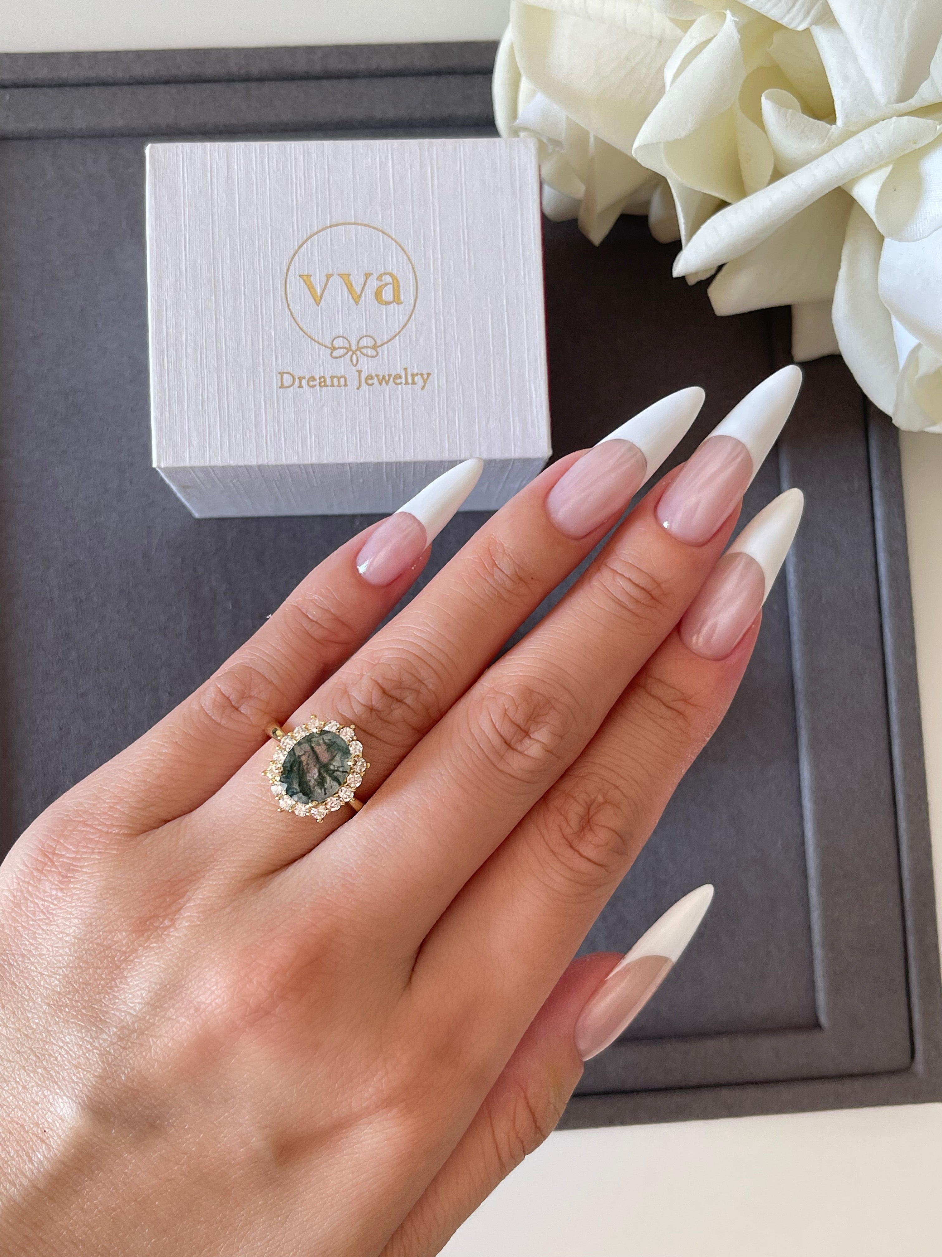 【Morrigan Set】 Unique Handmade Natural Green Moss Agate Engagement Ring Set 2pcs Oval Shape 3ct