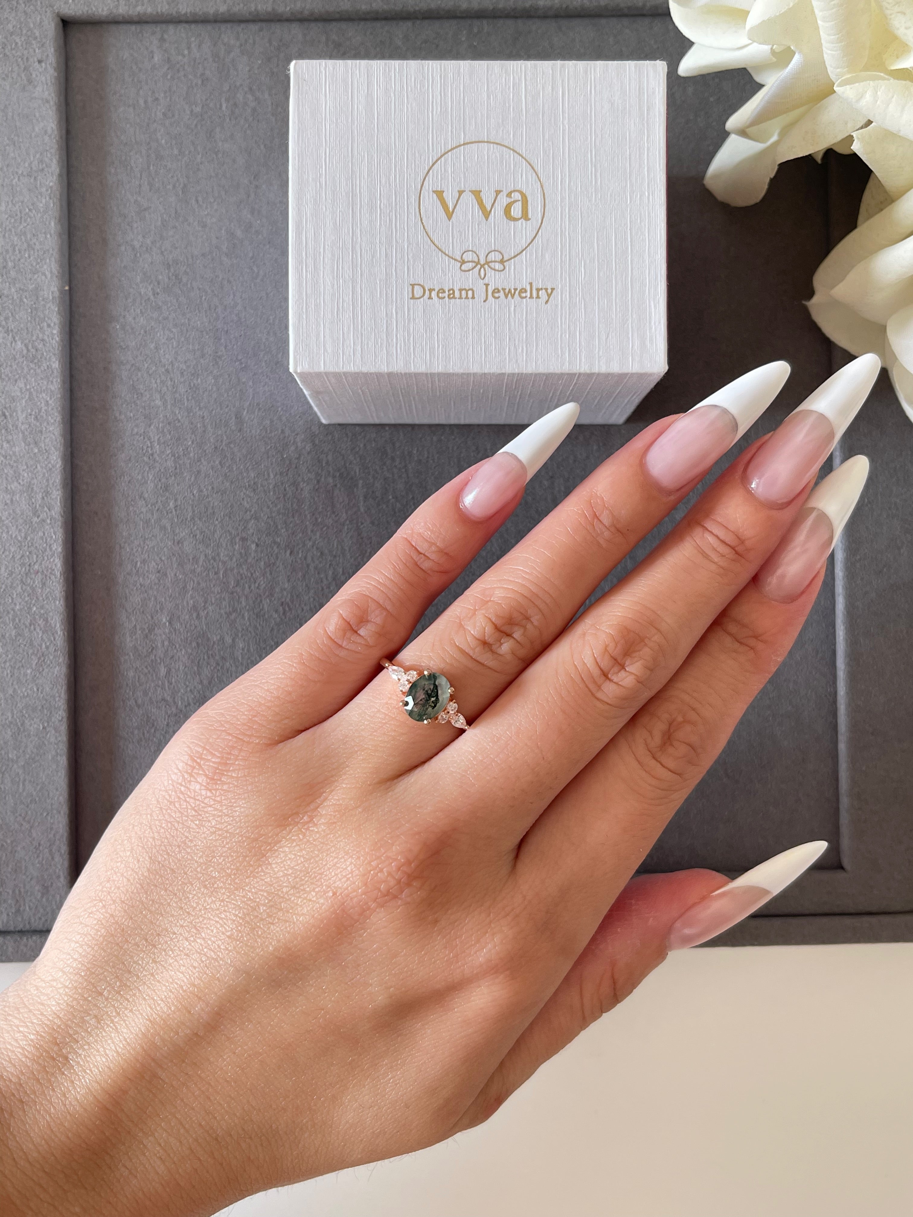 【Gala Garden】Unique Handmade Natural Moss Agate Engagement Ring 1.5ct Oval Shape