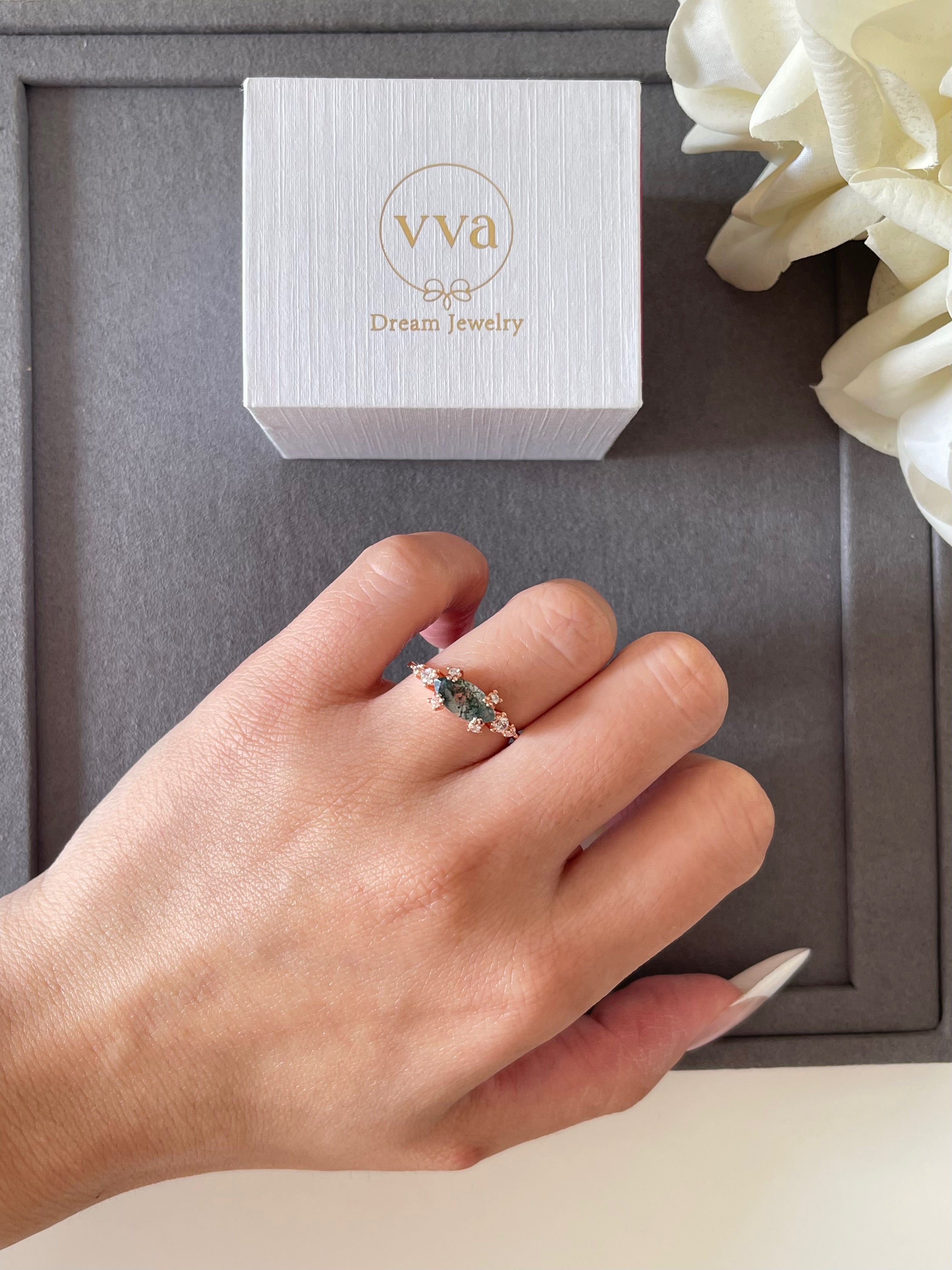 【Meridian】Unique Handmade Natural Moss Agate Engagement Ring 1ct Marquise Shape