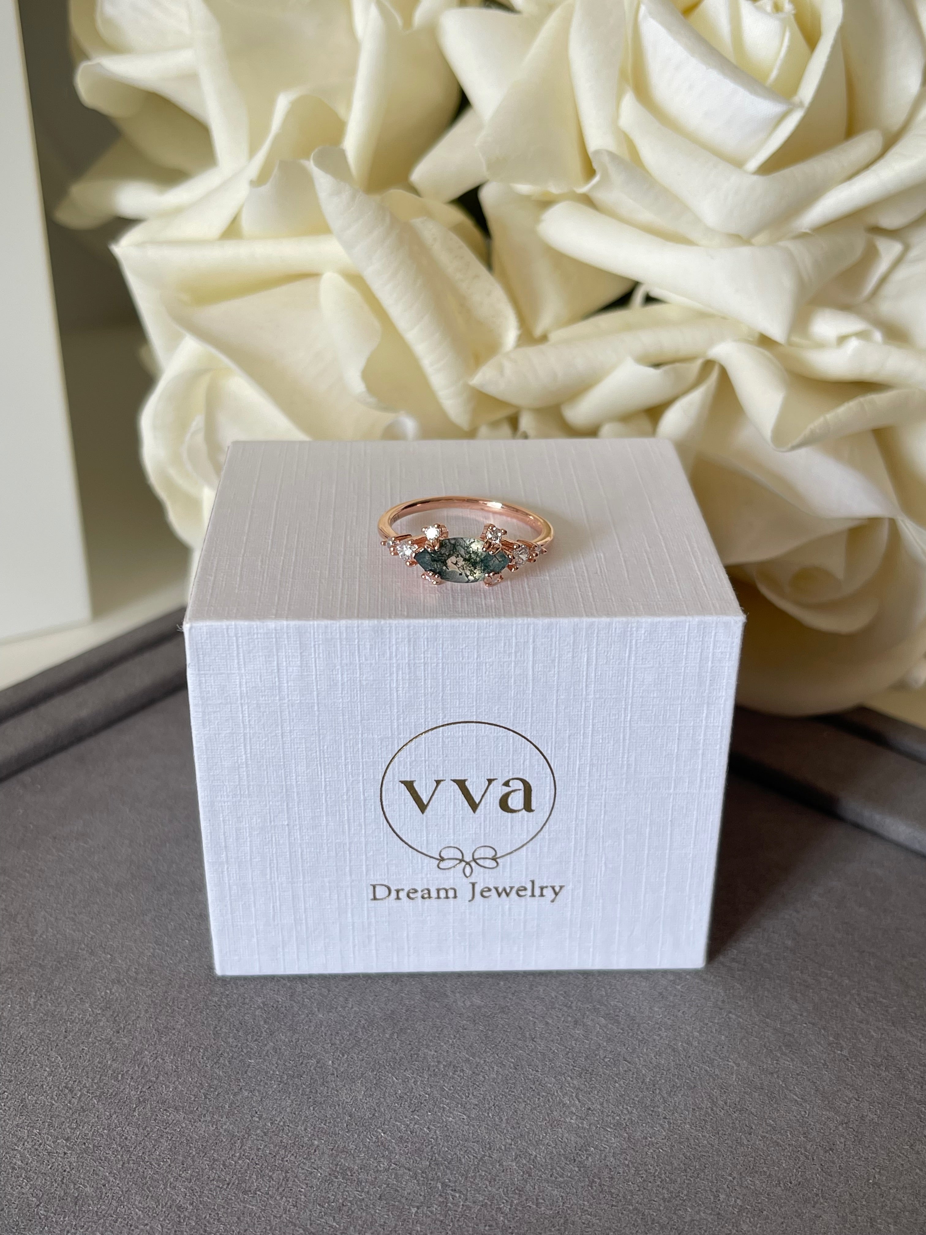 【Meridian】Unique Handmade Natural Moss Agate Engagement Ring 1ct Marquise Shape