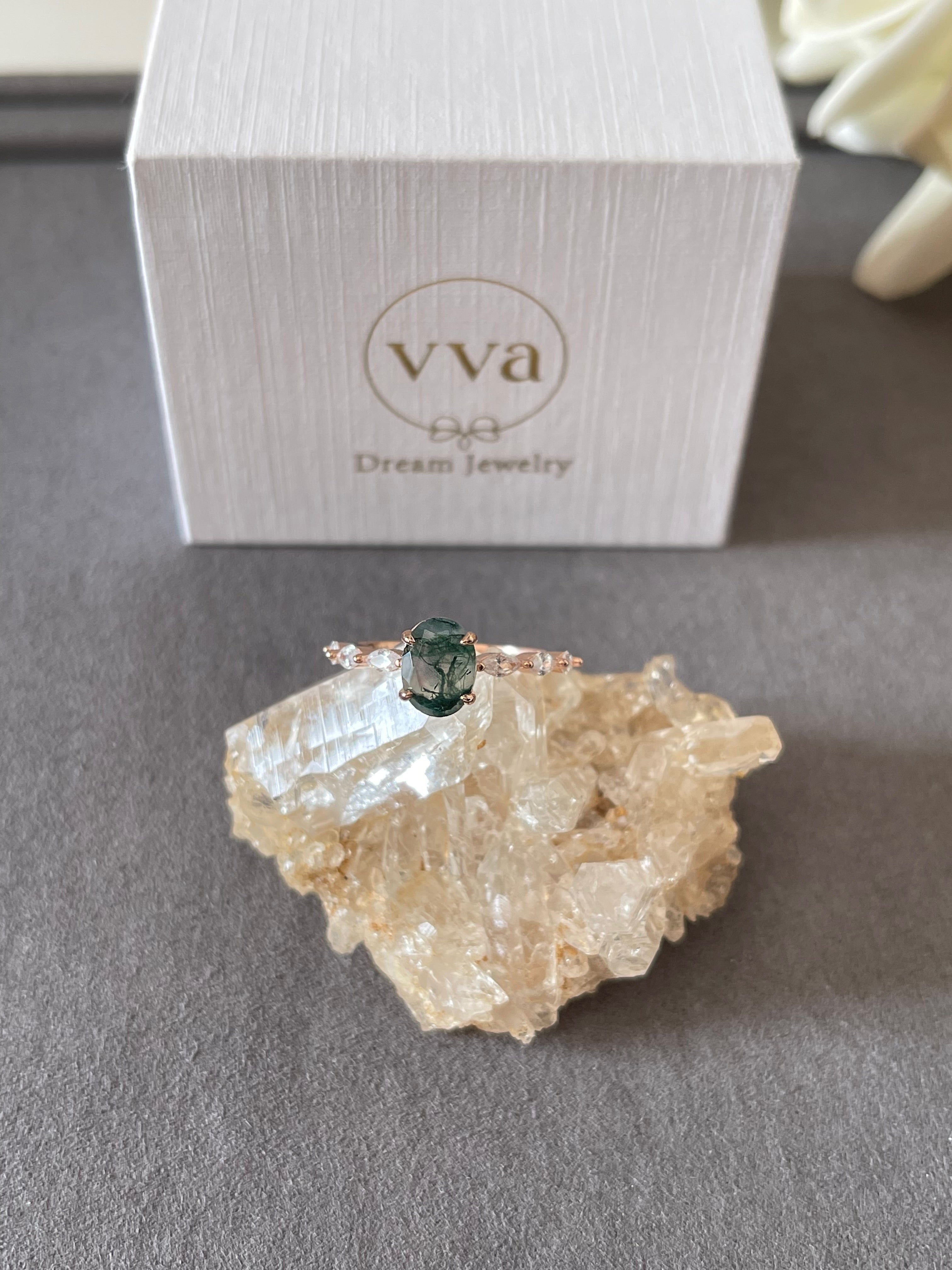 【Greenwood】Unique Handmade Natural Moss Agate Engagement Ring 1.5ct Oval Shape