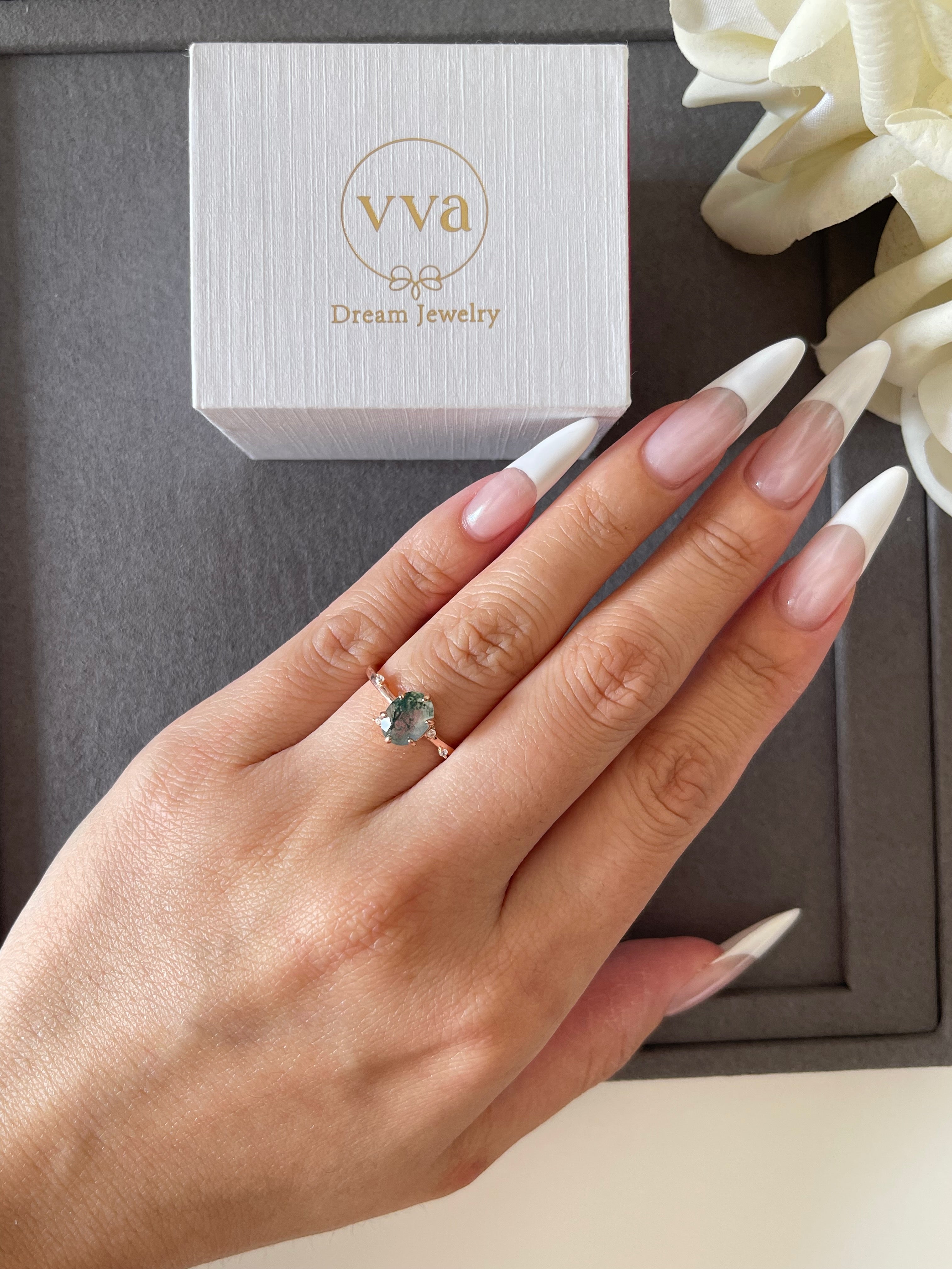 【Arbor】Bague de fiançailles unique en agate mousse naturelle faite à la main, 1,5 ct, forme ovale