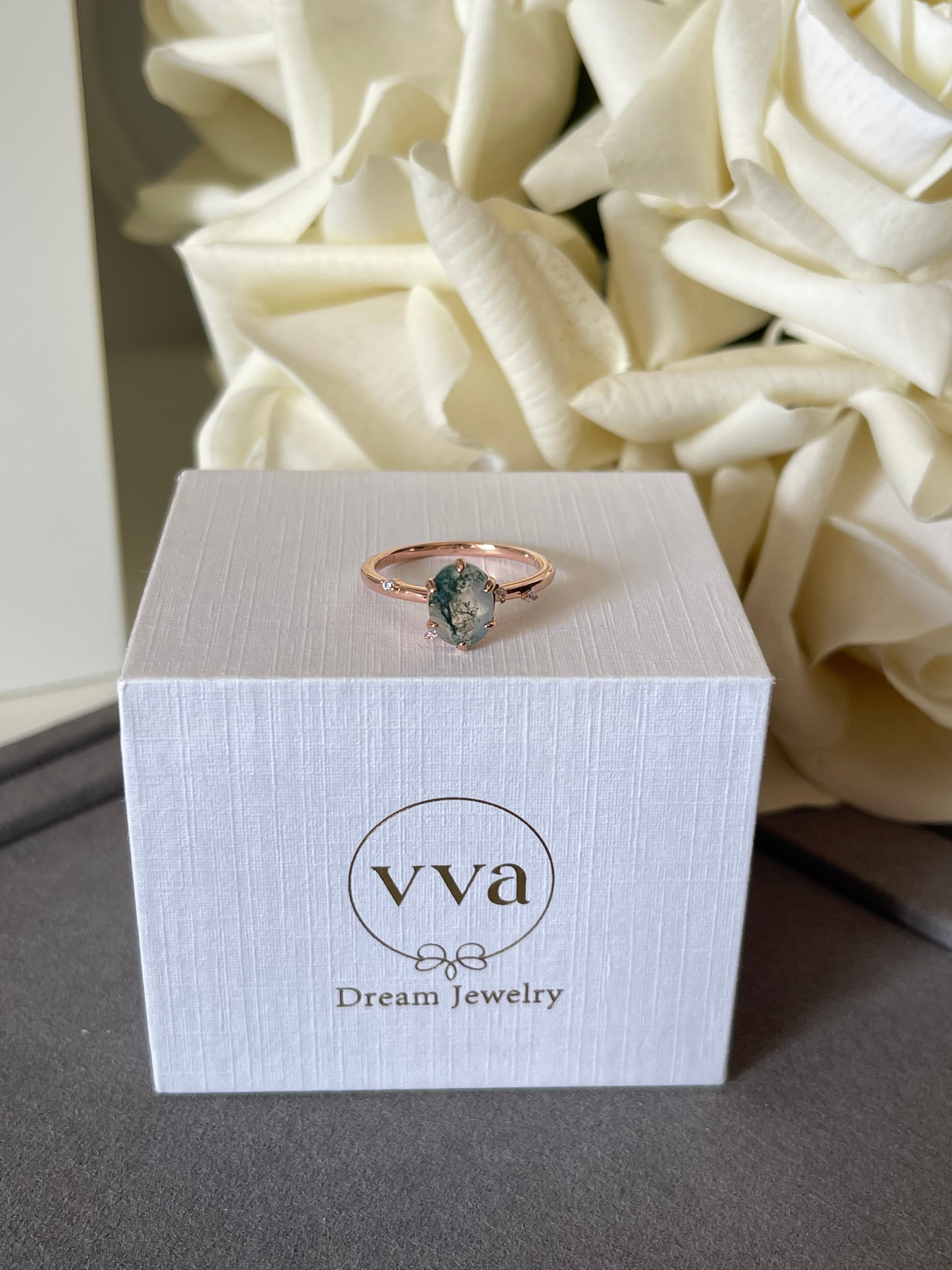 【Arbor】Unique Handmade Natural Moss Agate Engagement Ring 1.5ct Oval Shape