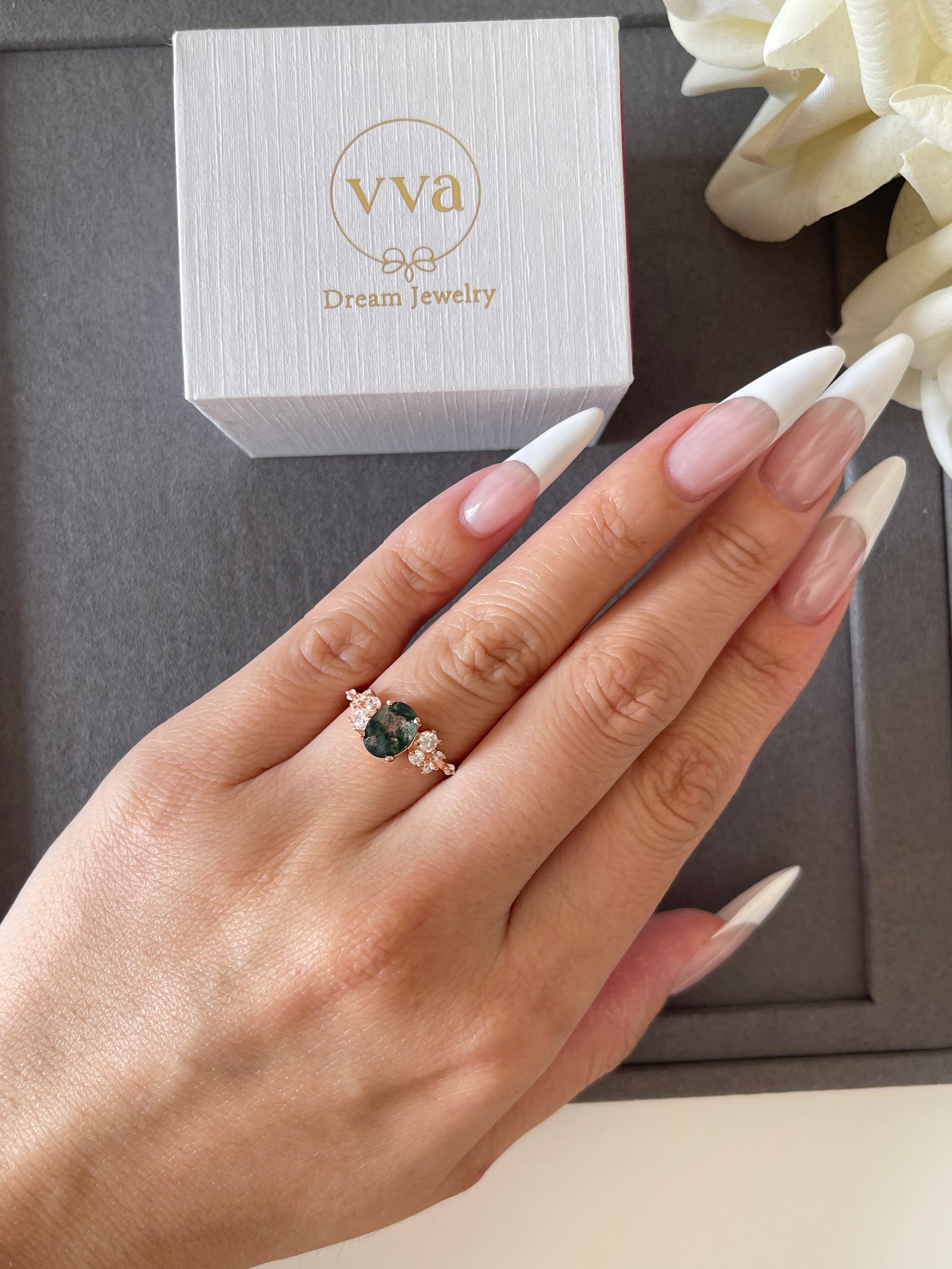 【Sylvan Halo】Bague de fiançailles unique, faite main, en agate mousse naturelle de 1,5 ct, forme ovale